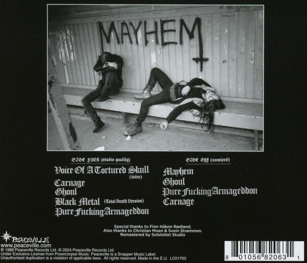 Schwarz-weiß Albumcover mit Text und zwei Figuren. Der Text enthält 'MAYHEM' und Songtitel.