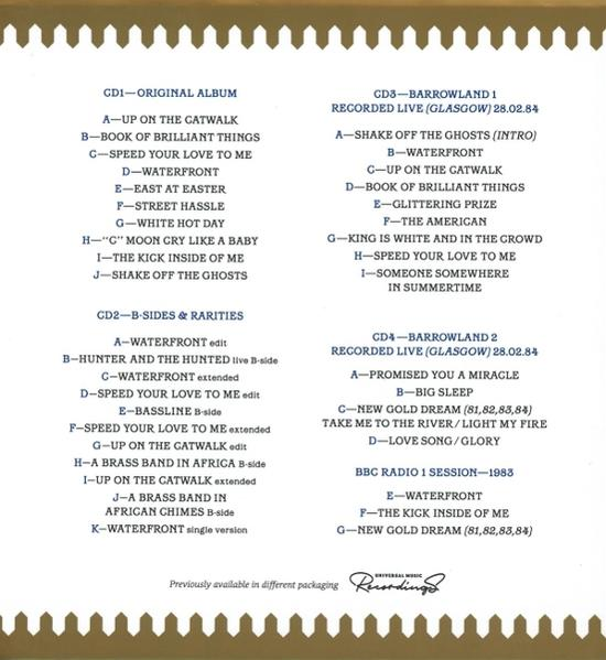 Text von CD-Hüllen. Der Text ist eine Titelliste der Musikalben. Der Hintergrund ist weiß.