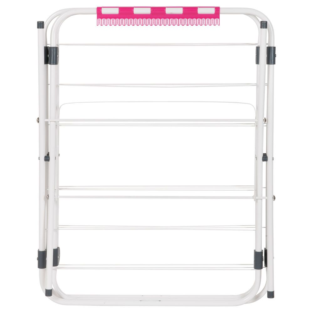 Biała suszarka na pranie, metalowa rama, różowy plastikowy wierzch.