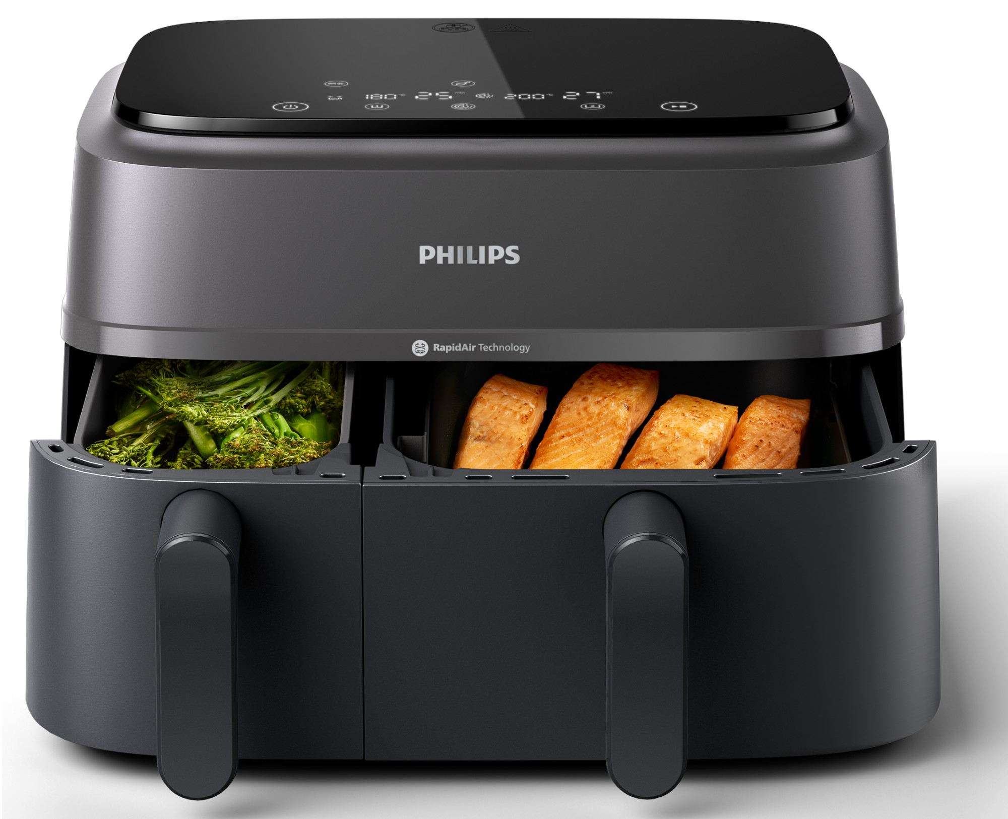 Ein schwarzer Airfryer mit zwei Fächern mit Brokkoli und Lachs.