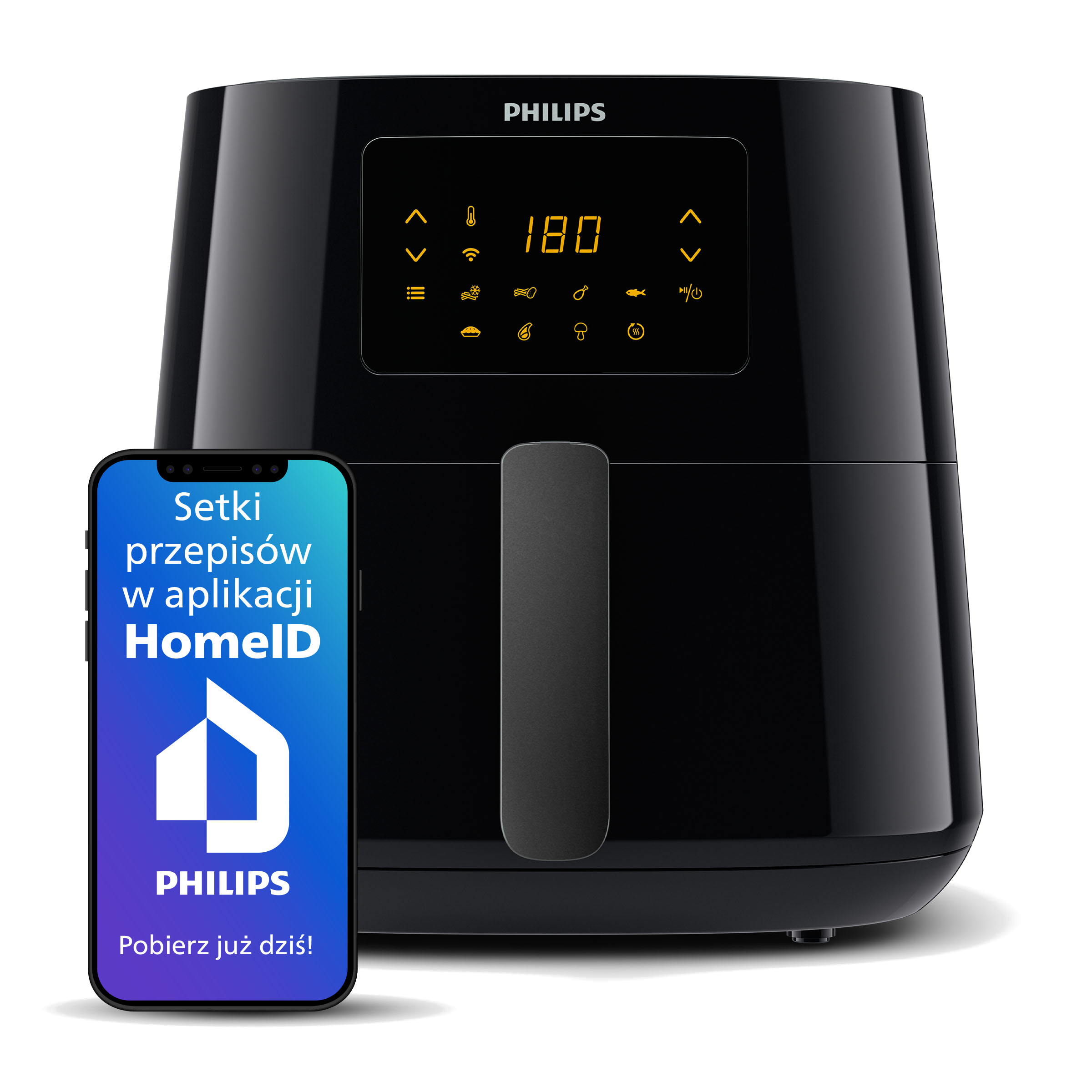 Czarna frytkownica powietrzna Philips z telefonem komórkowym pokazującym opcje przepisów. Ma wyświetlacz cyfrowy.