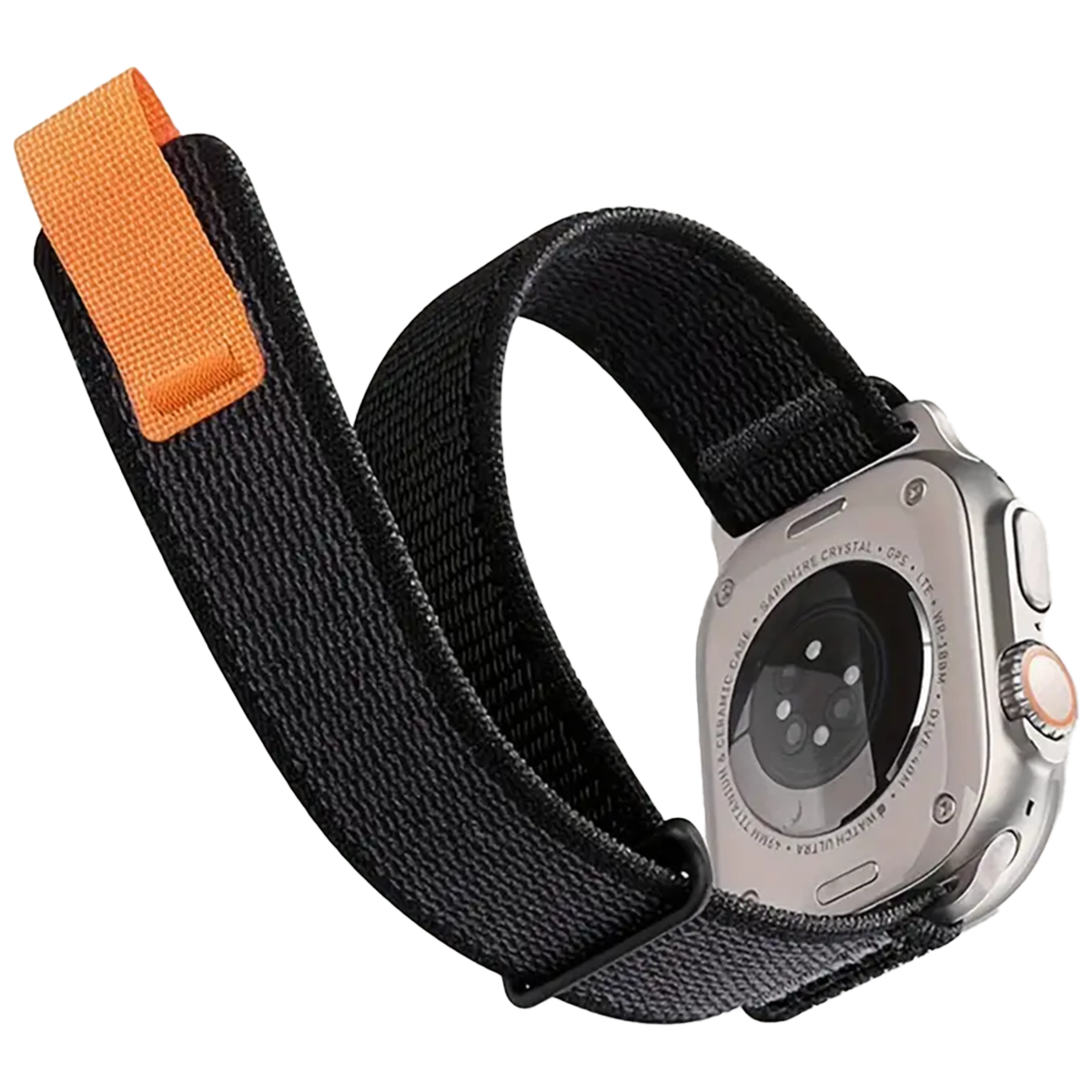 Siyah kayışlı Apple Watch. Saat açılı olarak arkasını gösteriyor.