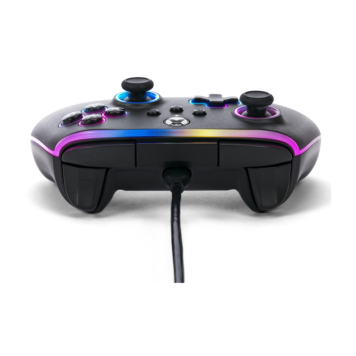 Controller nero con pulsanti multipli e luci colorate.