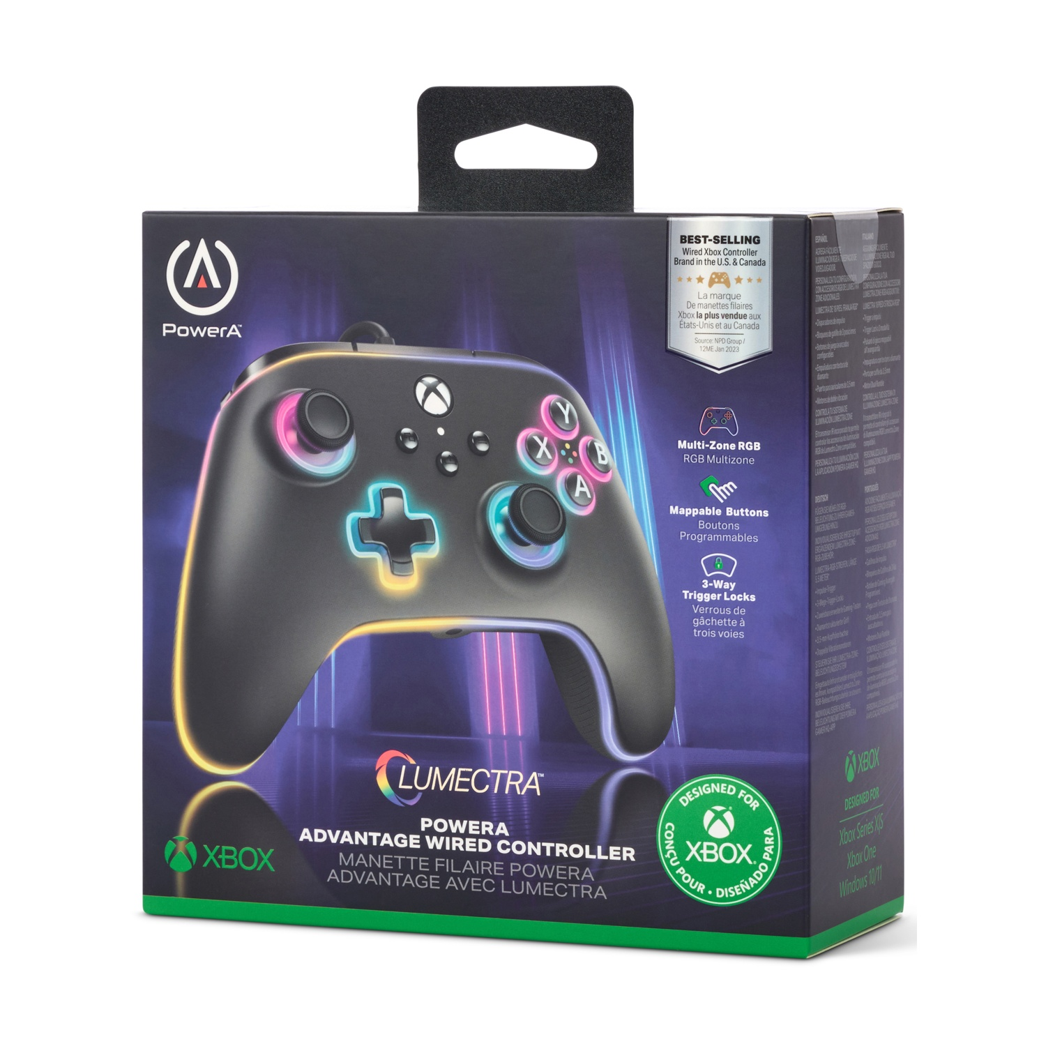 Un controller di gioco nero nella sua scatola, con luci colorate e testo.
