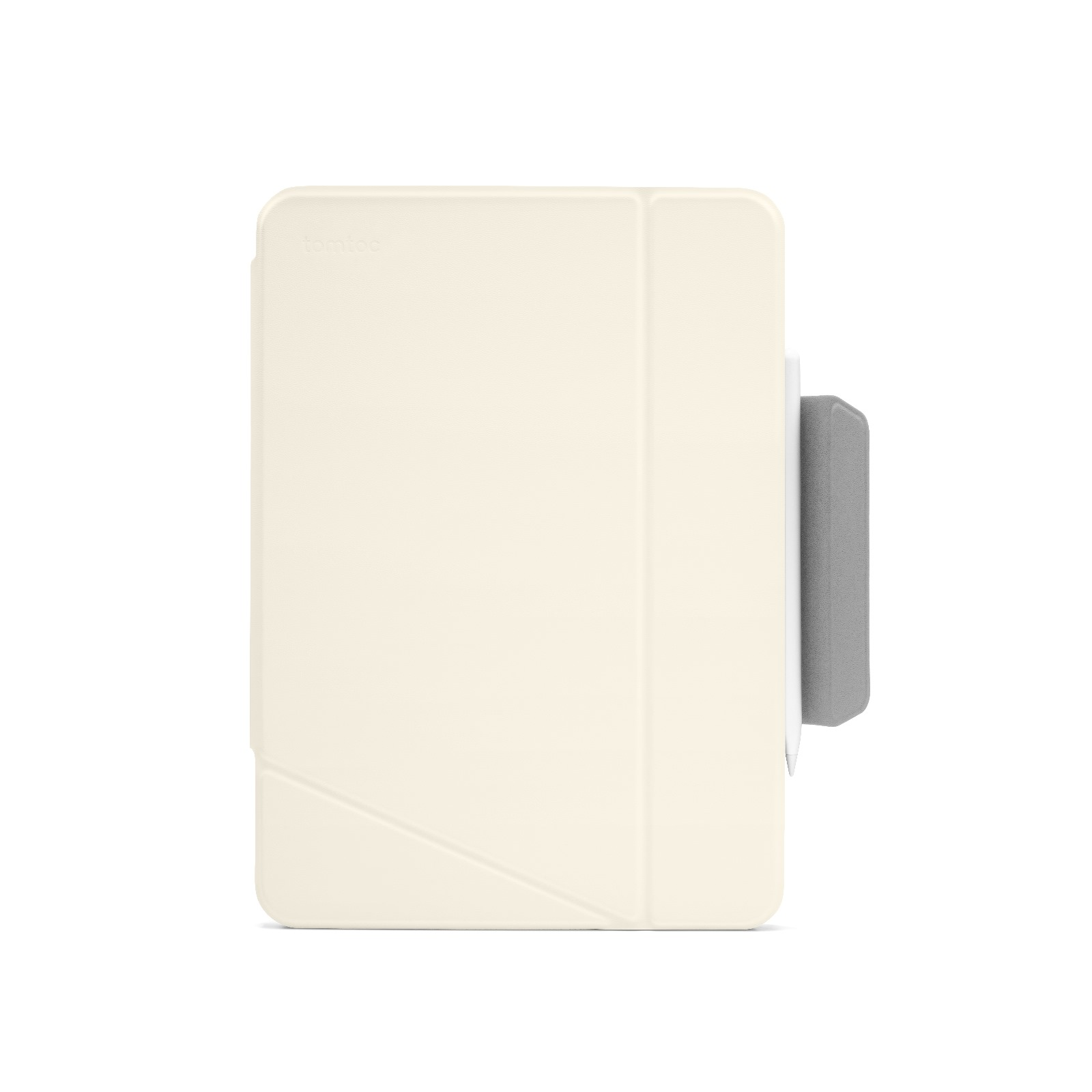 Krem renkli tablet kılıfı, kapalı, gri dikey standlı.