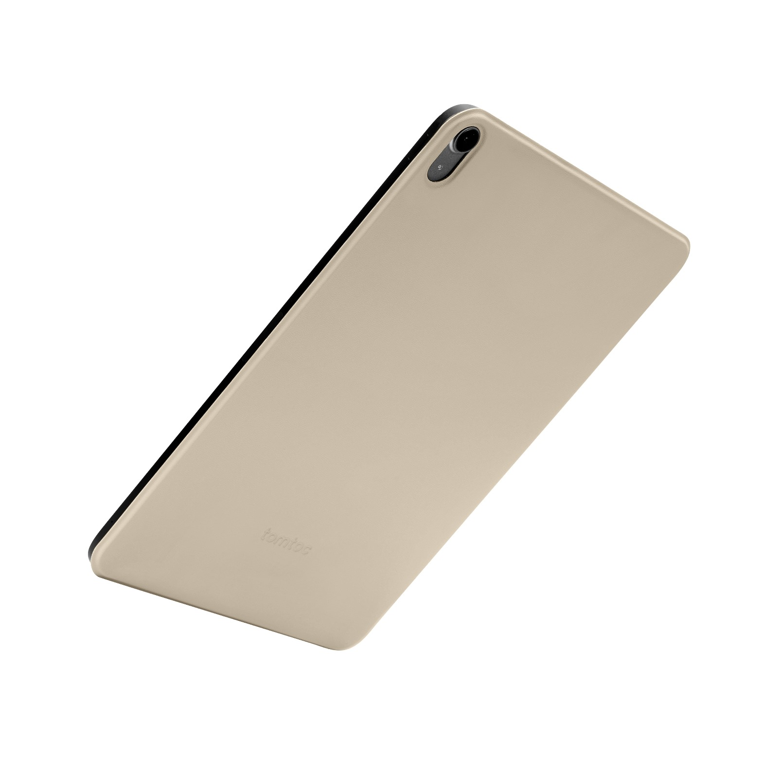 Siyah çerçeveli bej tablet. Tabletin arkası kameraya dönük.