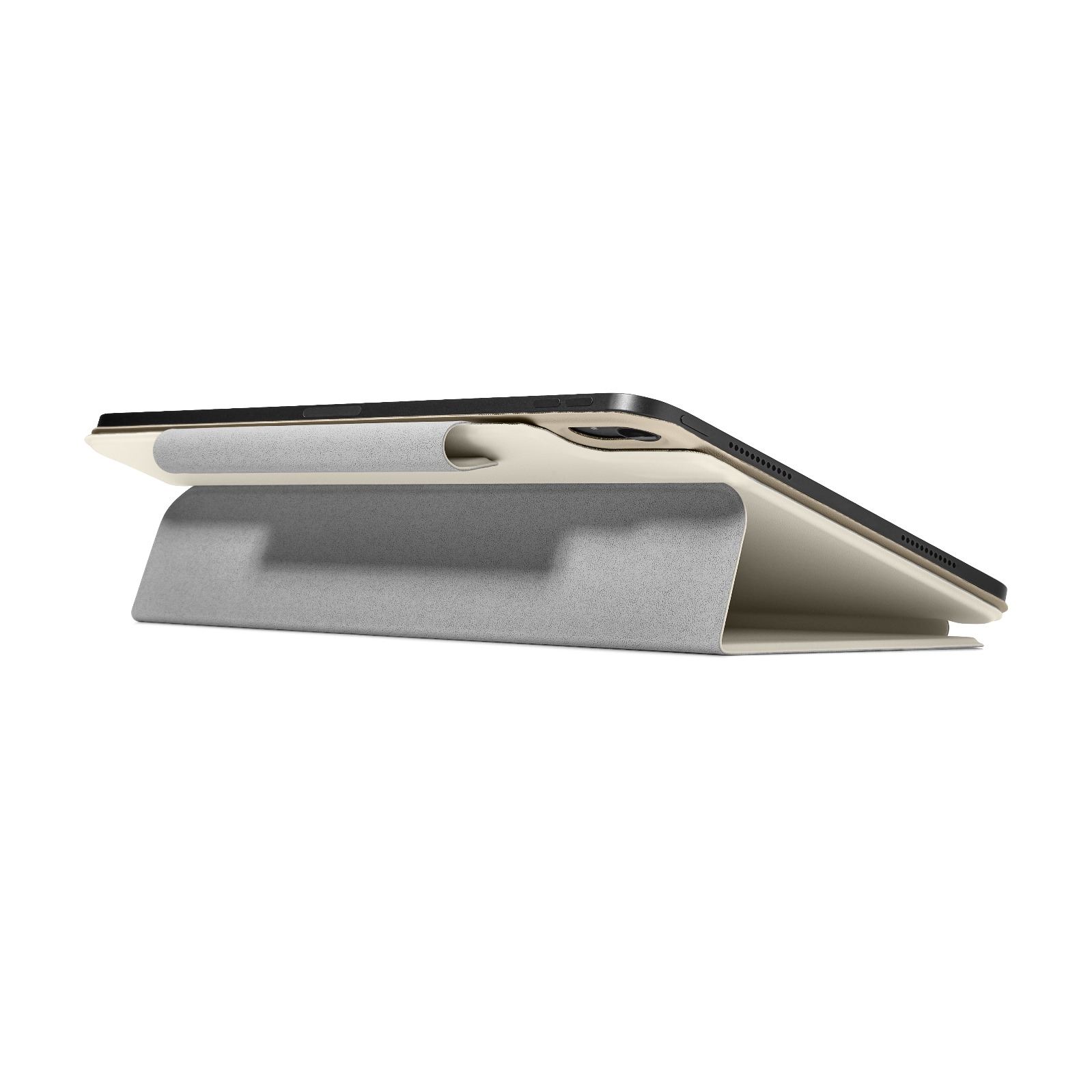 Açık bir tablet kılıfı. Kılıf gri ve bej rengindedir, içinde tablet bulunur.