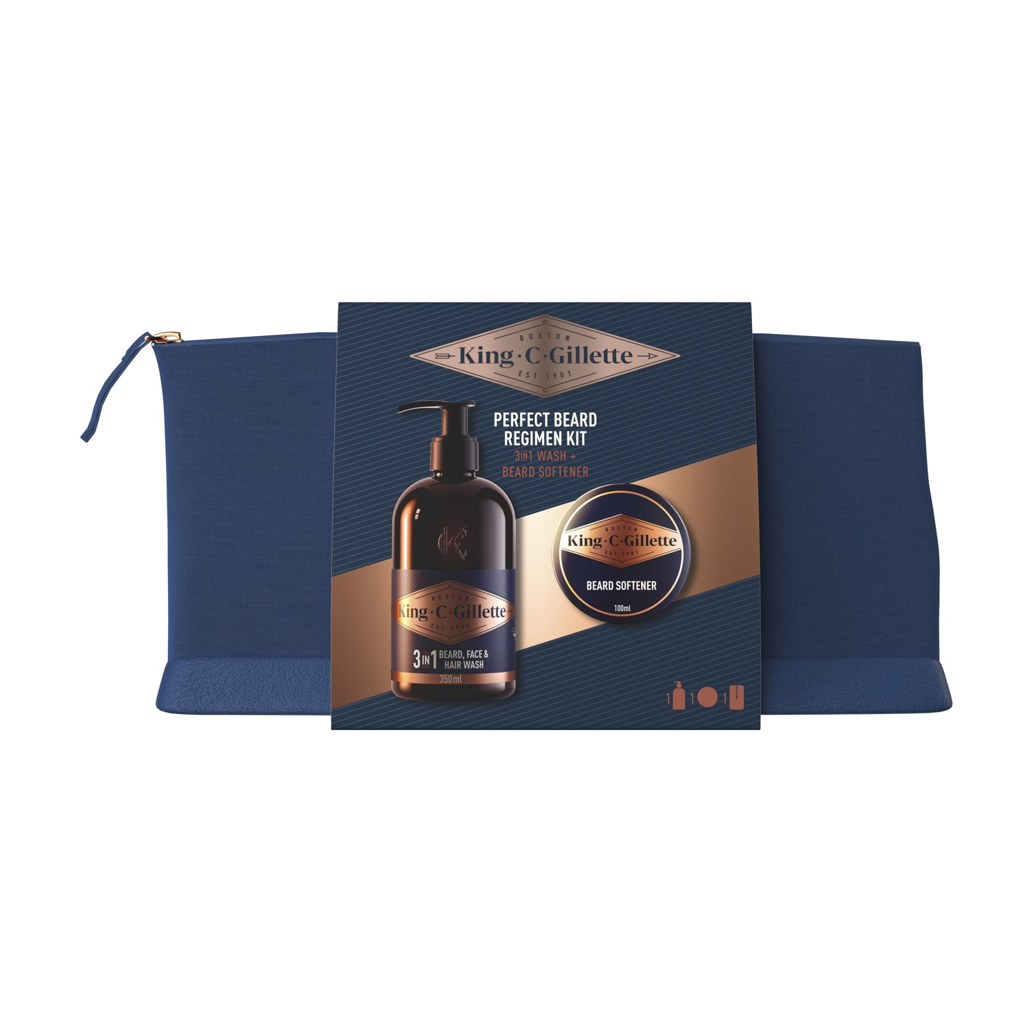 Un beauty case blu navy con prodotti per la cura della barba, inclusi shampoo e balsamo.