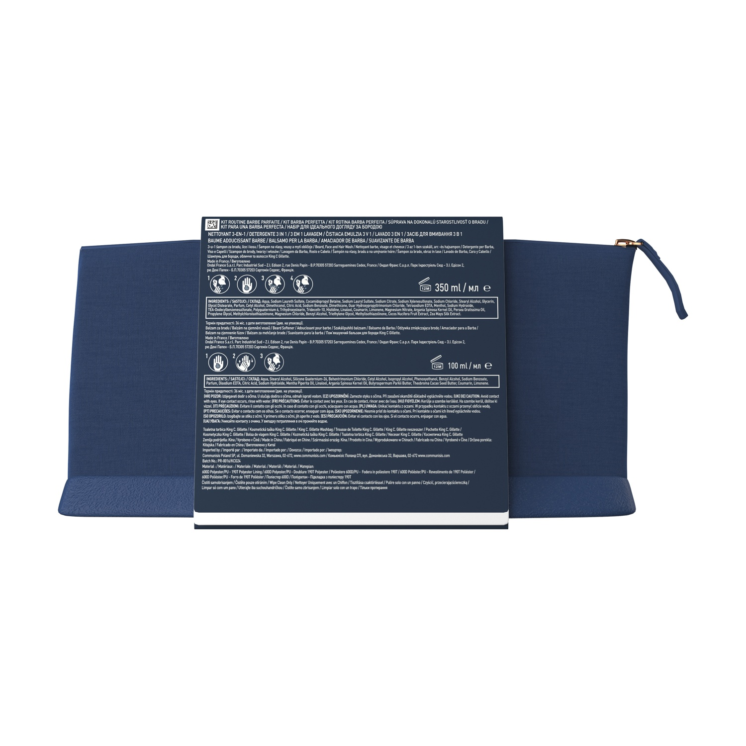 Pochette cosmetica blu con testo su un'etichetta bianca. Contiene informazioni sul prodotto.