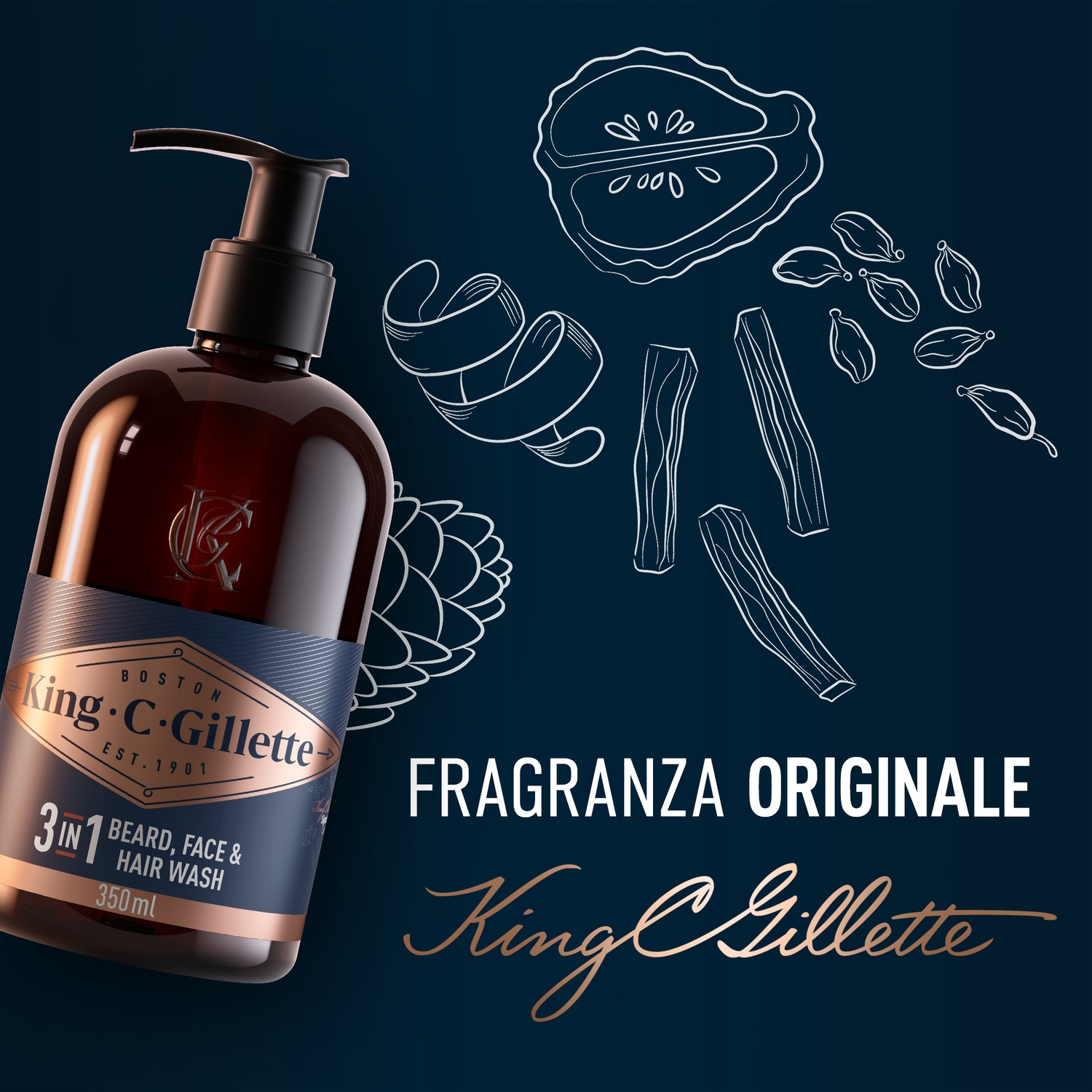 Flacone di lavaggio barba 3 in 1 King C. Gillette su sfondo scuro con illustrazioni di spezie.