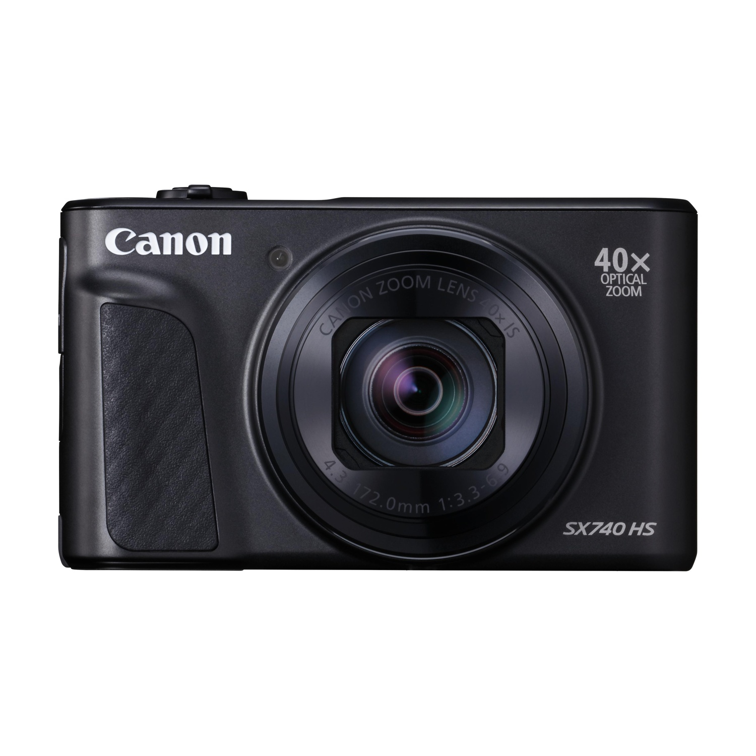 Fotocamera Canon nera con obiettivo e il testo 40X OPTICAL ZOOM e SX740 HS.