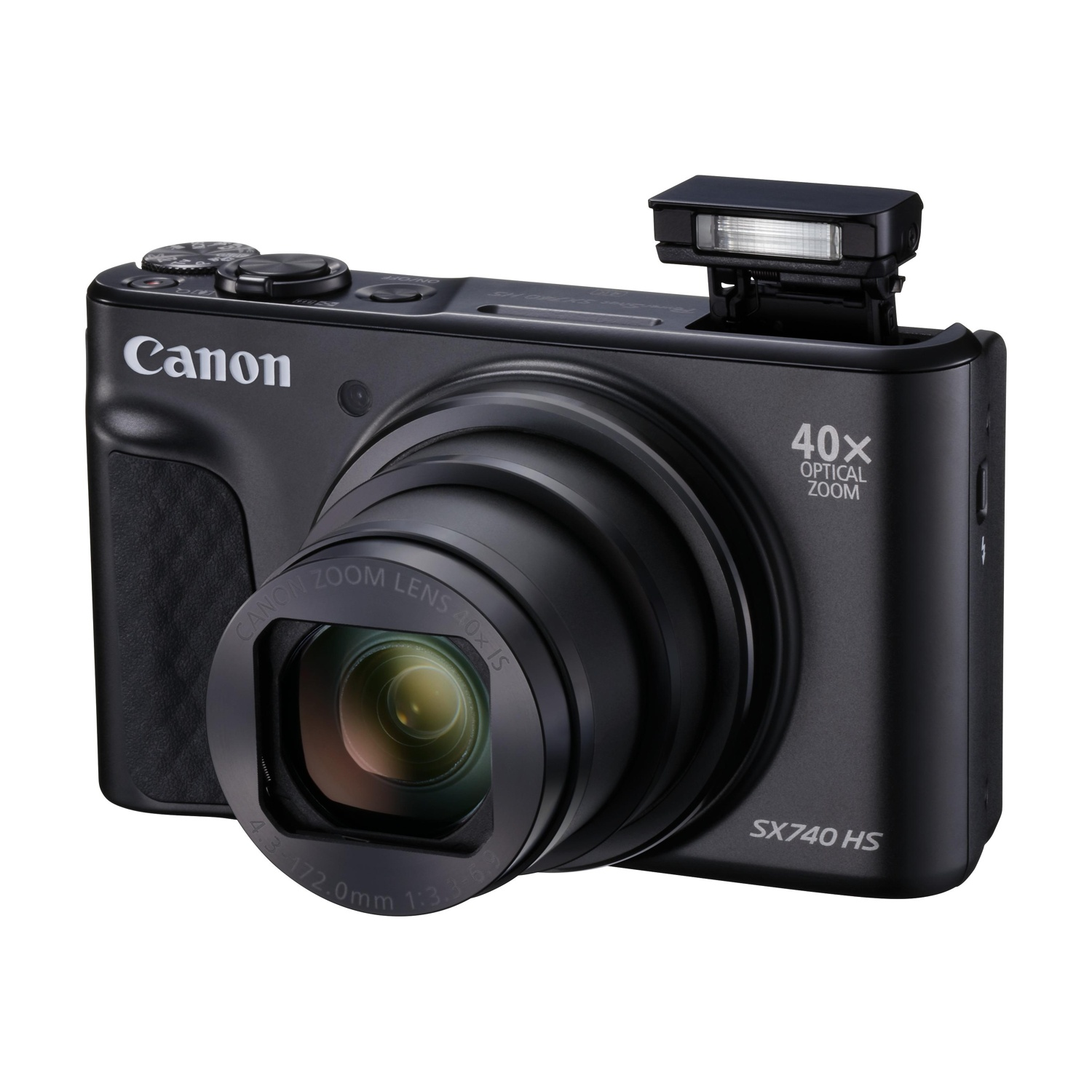 Fotocamera Canon nera con flash alzato. Obiettivo visibile. Corpo nero.