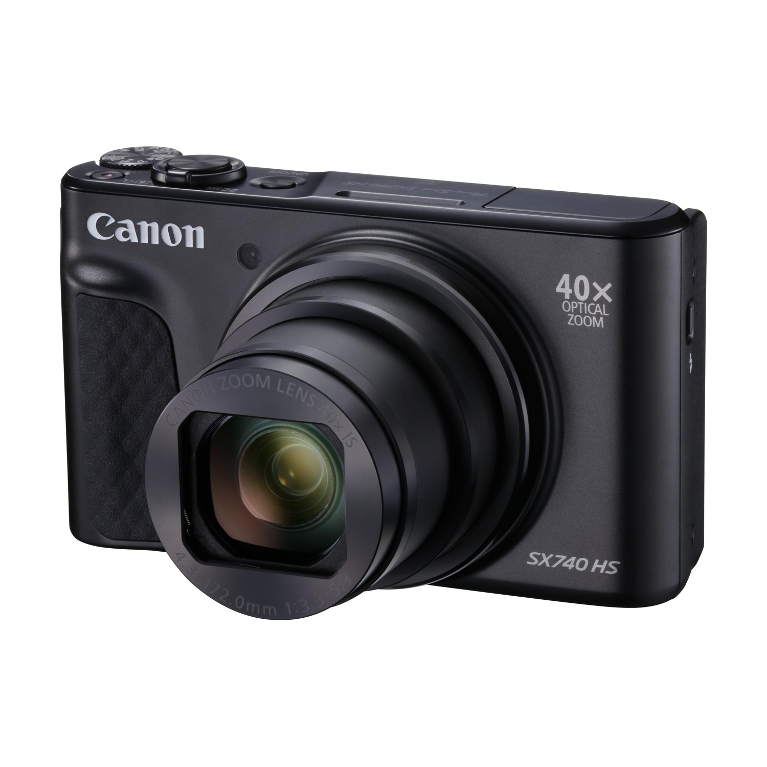 Una fotocamera Canon nera, con un obiettivo zoom ottico 40x. È angolata verso destra.