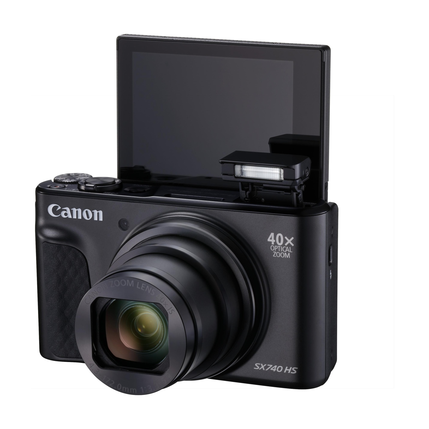 Fotocamera Canon nera con obiettivo esteso. Lo schermo è aperto e il flash alzato.