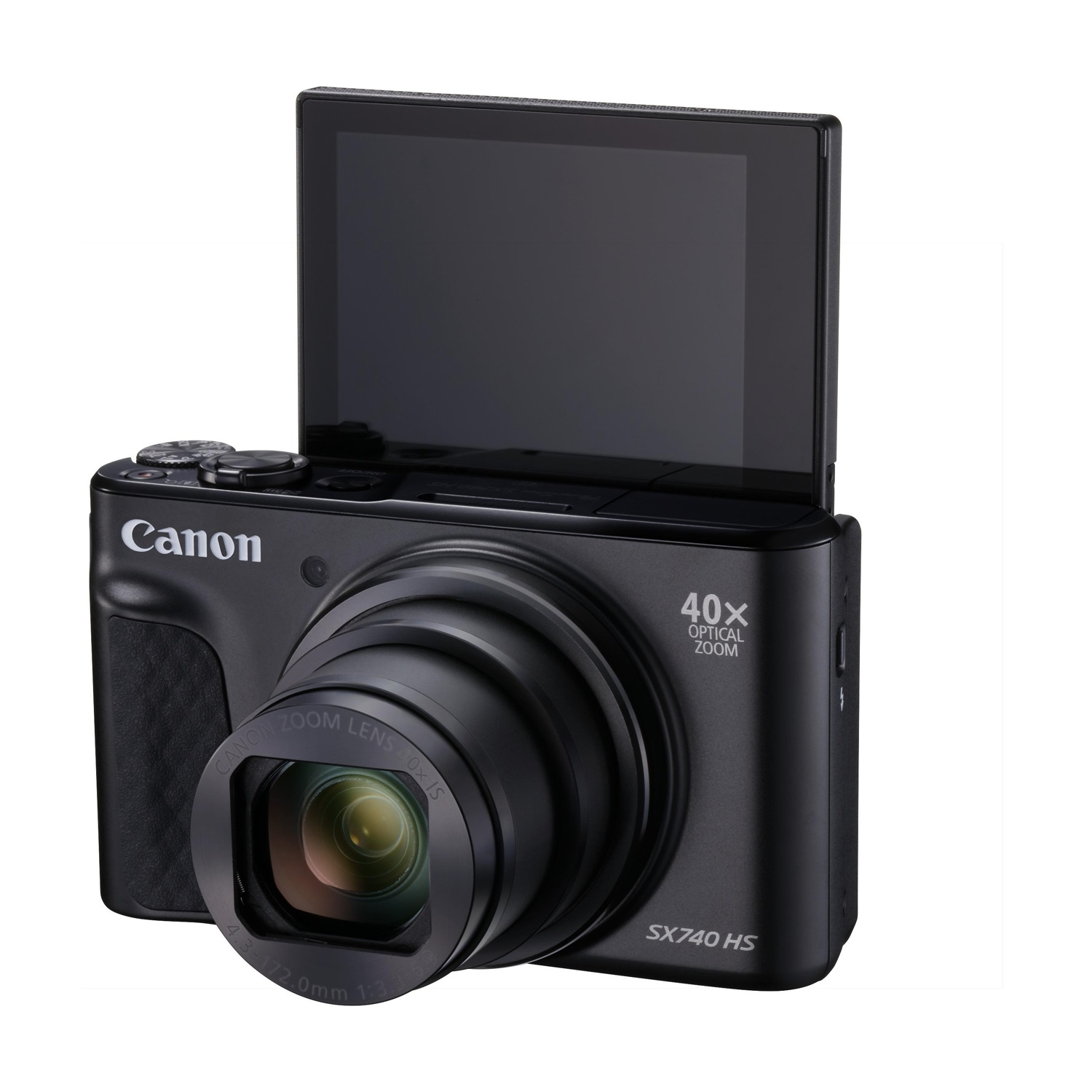 Una fotocamera Canon nera con schermo ribaltabile è mostrata su sfondo bianco.