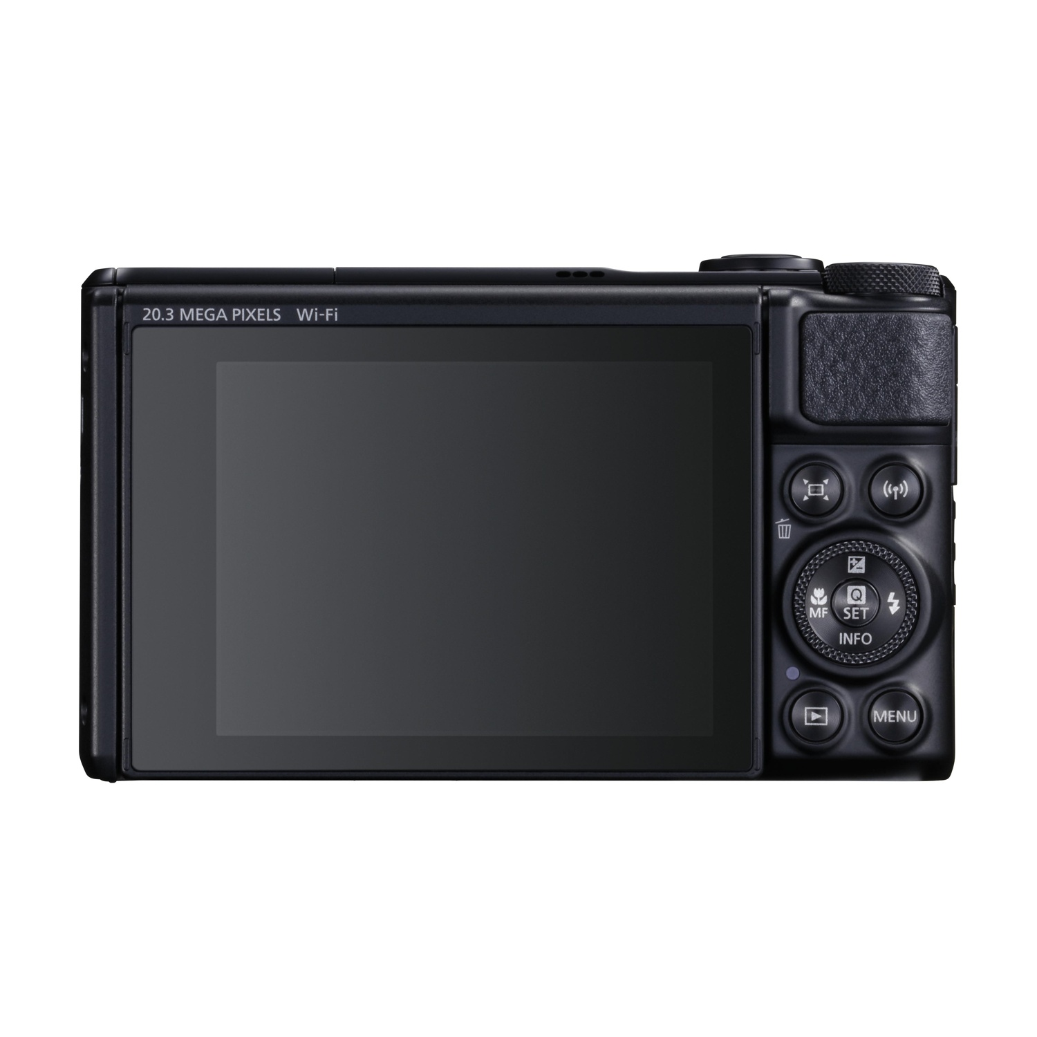 Una fotocamera digitale nera con schermo e pulsanti. Ha un'etichetta Wi-Fi e 20.3 MP.