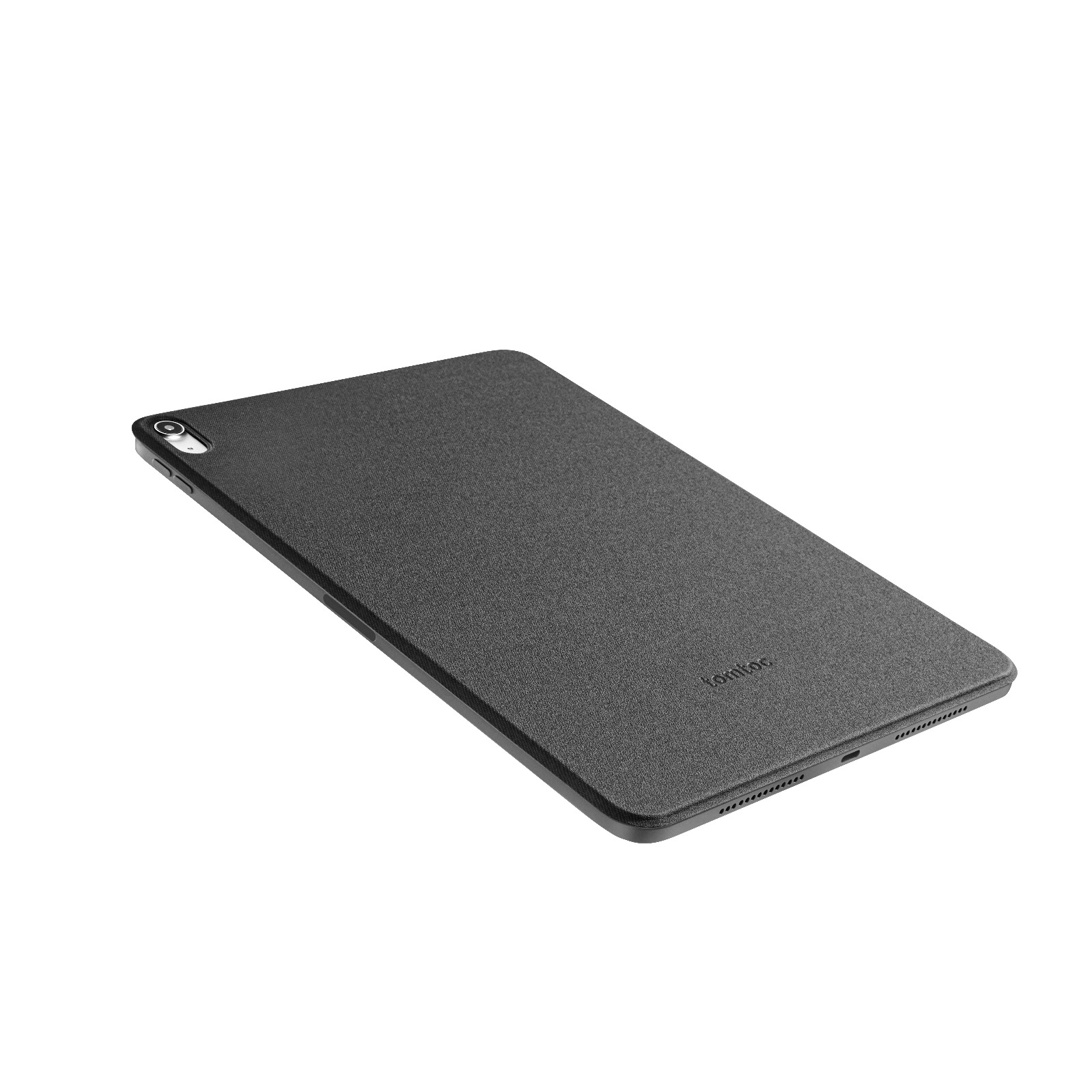 Karanlık gri bir tablet kılıfı beyaz bir arka plan üzerinde bir açıyla gösteriliyor. Kamera yukarıda konumlandırılmış.