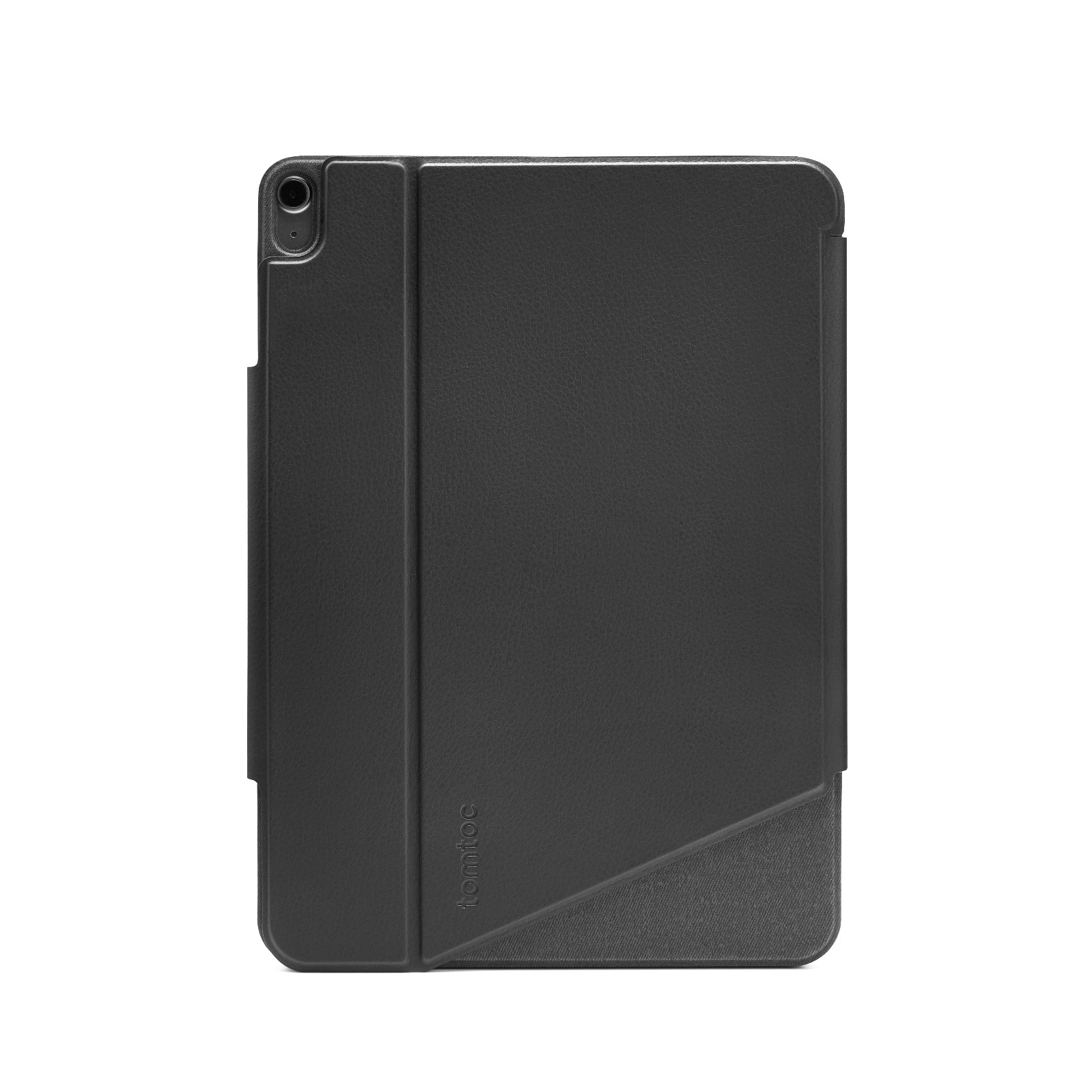 Koyu gri kapaklı siyah bir tablet kılıfı.