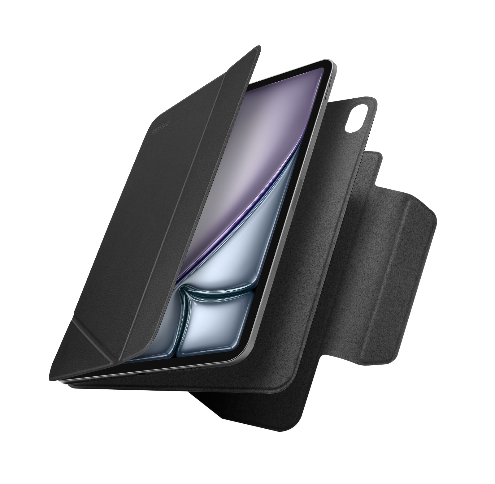 Siyah tablet kılıfı, kısmen açık, tablet ekranını gösteriyor.