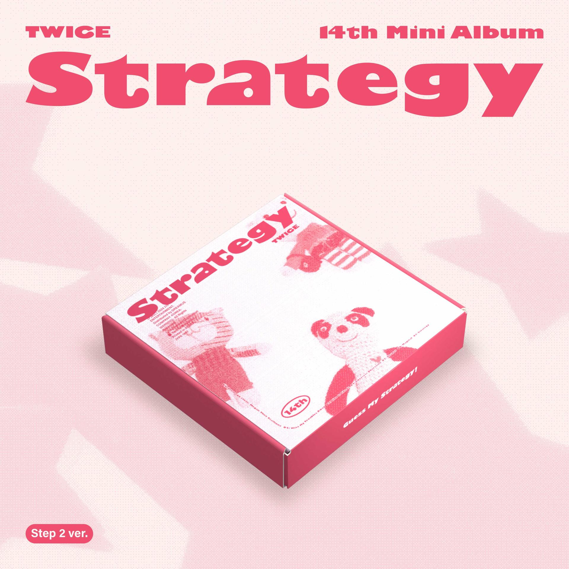 Box-Set von TWICE's 14. Mini-Album 'Strategy'. Die Box ist rosa und trägt den Albumtitel.