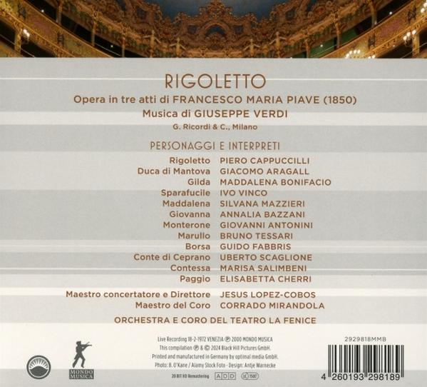 Albumcover für die Oper 'Rigoletto'. Listet Charaktere, Sänger und Orchester auf.