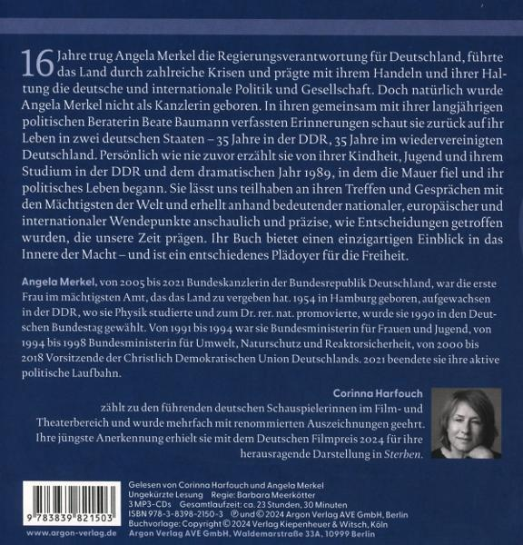 Text auf einem Buchcover über Angela Merkel und ihr politisches Leben.