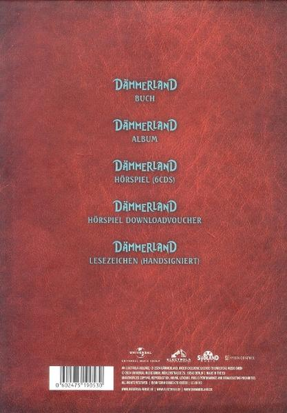 Rückseite eines roten Buchetuis mit Text über Dämmerland.