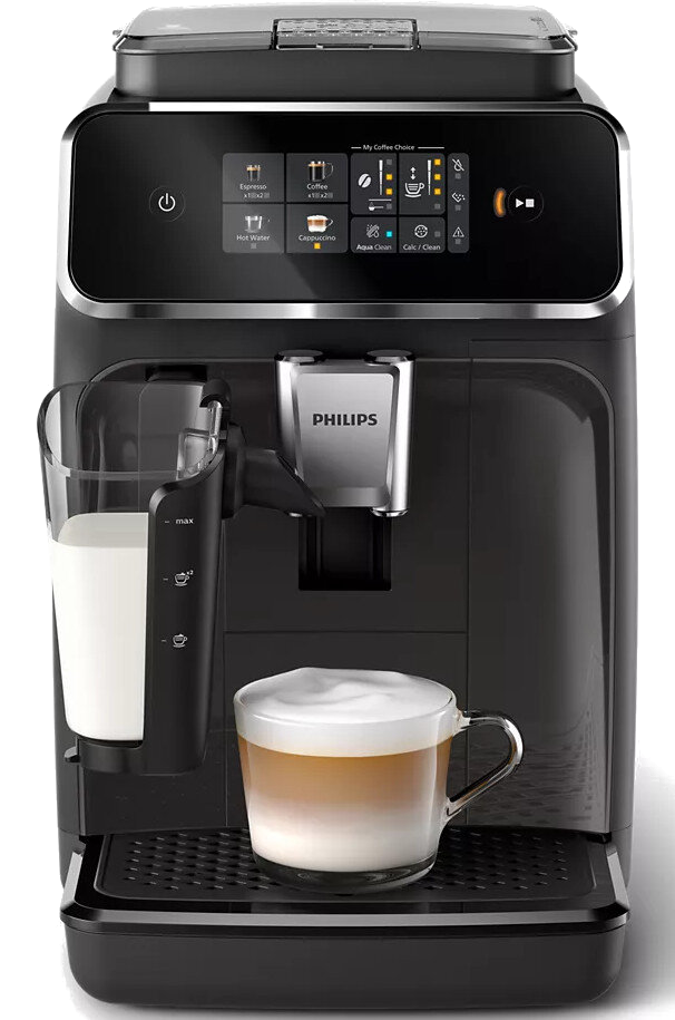 Czarny ekspres Philips: spieniacz do mleka, szklanka, latte i panel sterowania.