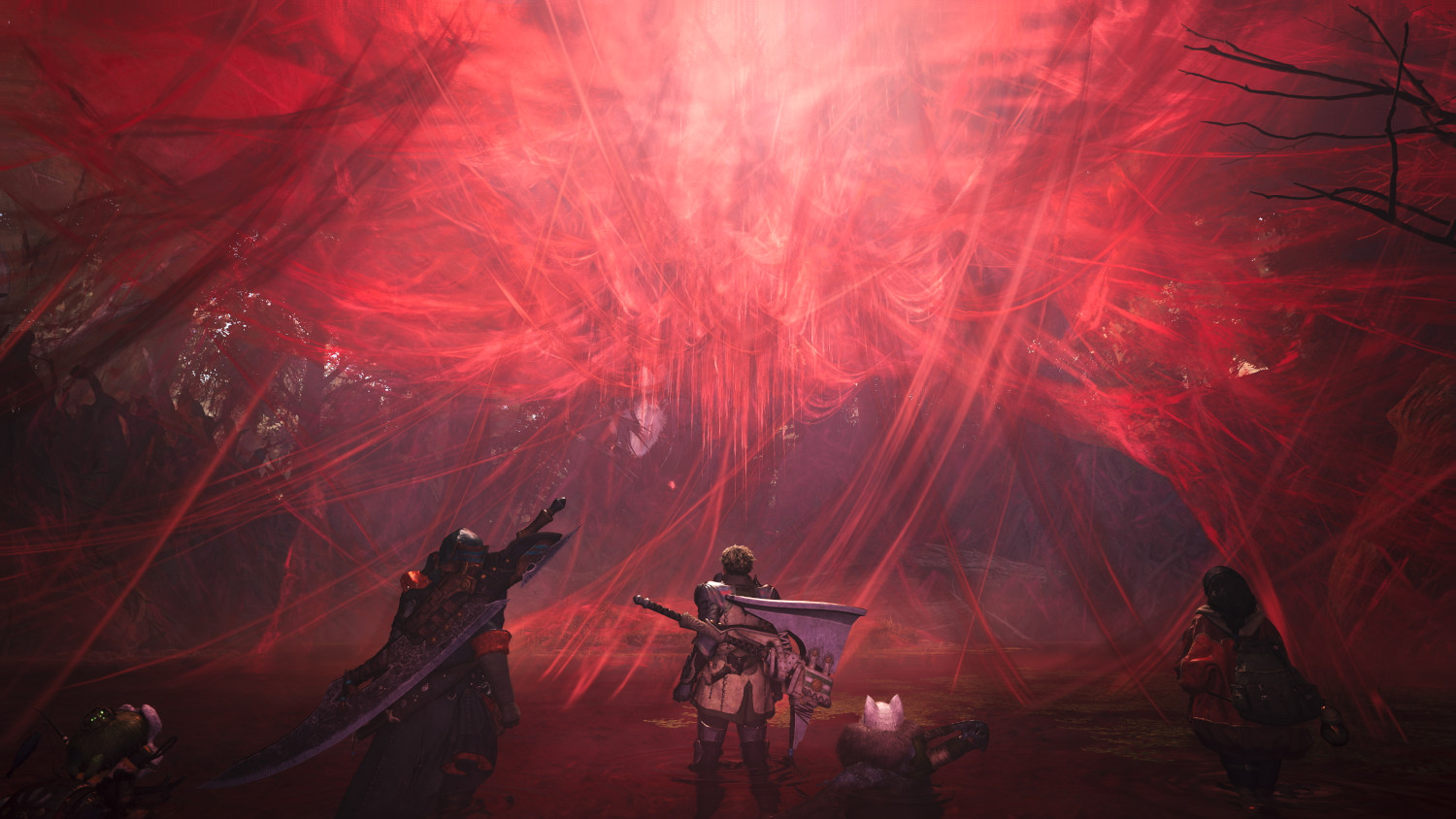 Trois personnages face à une structure rouge vif, semblable à une toile d'araignée, dans une caverne sombre.
