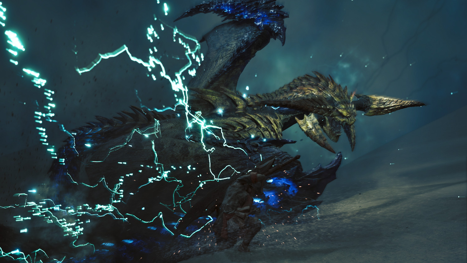 Un grand dragon avec des éclairs. Il a des tons or, bleu et gris.