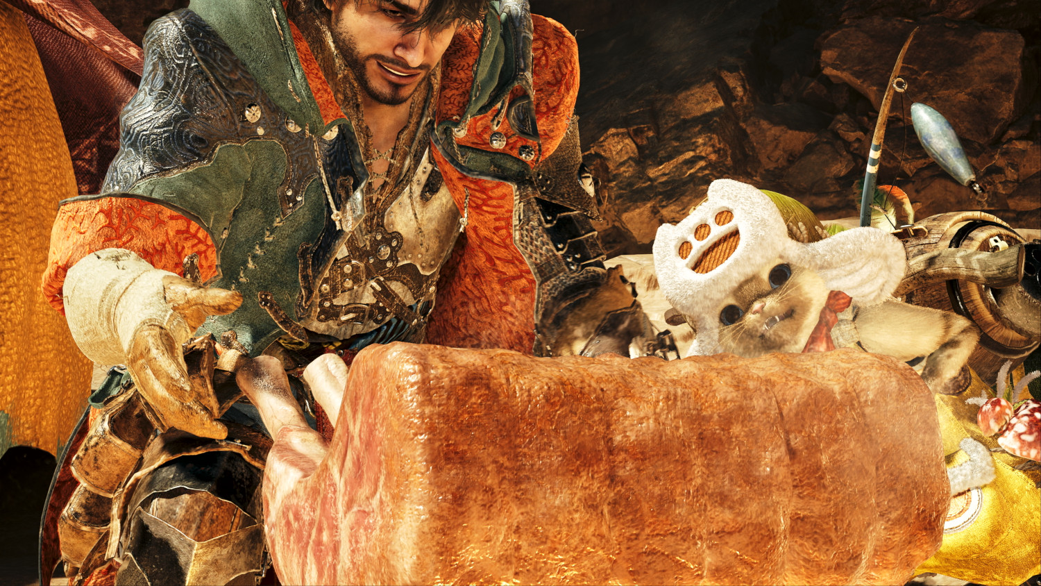 Un homme dans un jeu regardant un gros morceau de viande, avec un chat et d'autres objets.