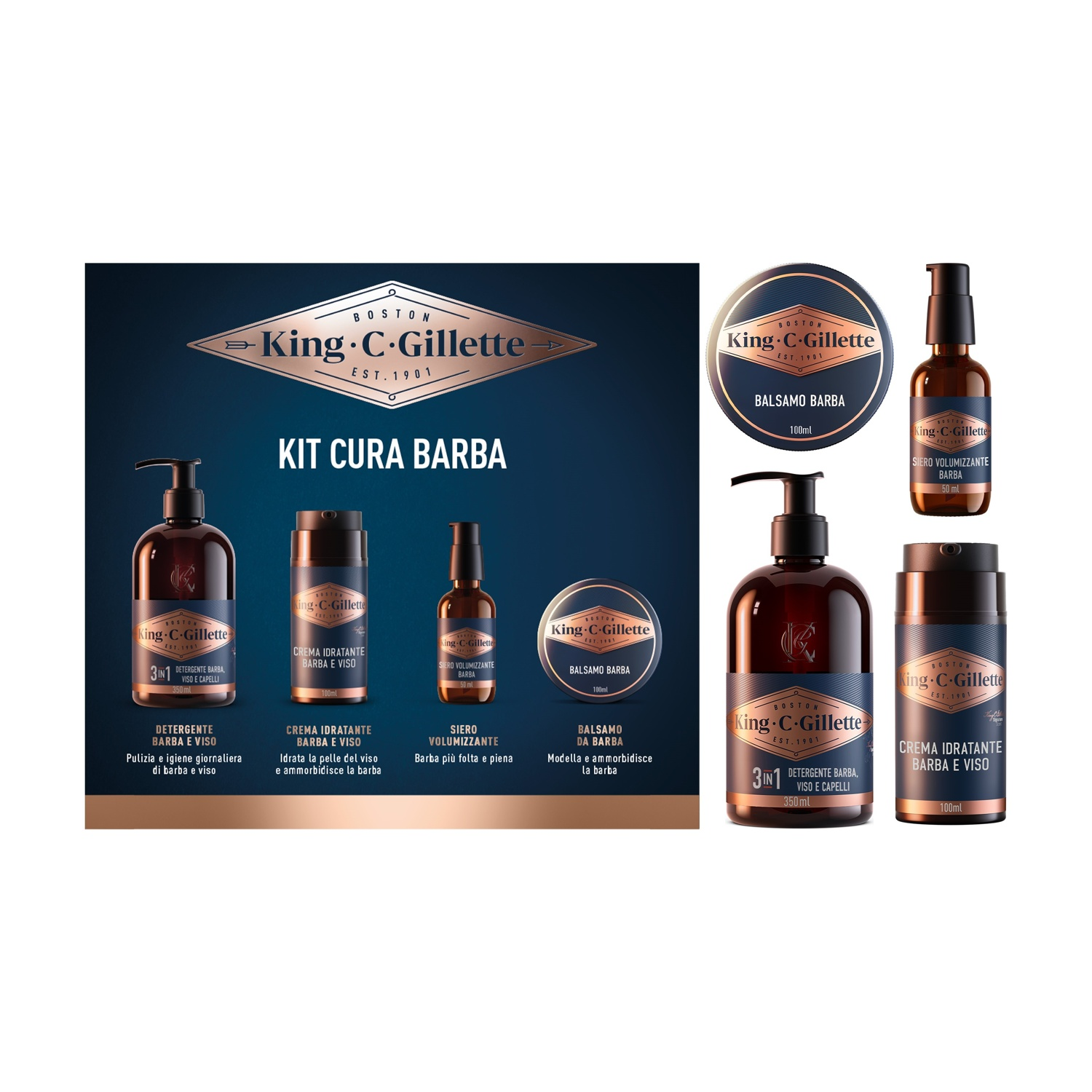 Kit per la cura della barba King C. Gillette, contenente varie bottiglie marroni e contenitori di prodotti.