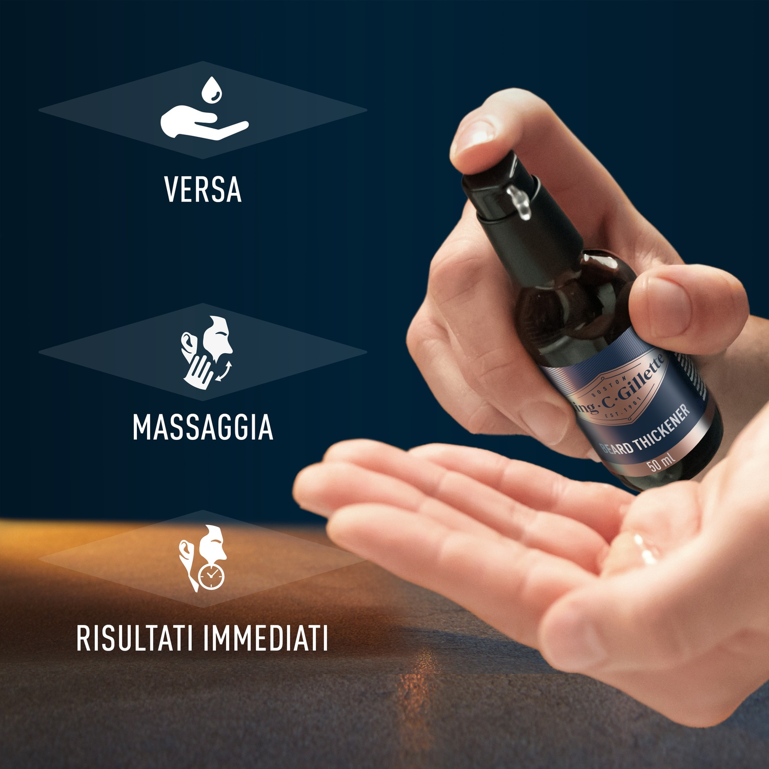Mani che applicano un addensante per barba. Icone: applica, massaggia.