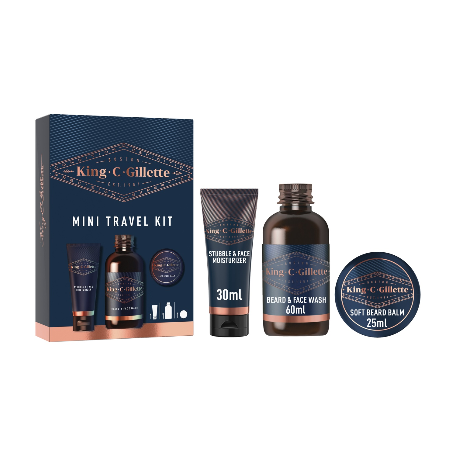 Kit da viaggio King C. Gillette con prodotti per la barba in una scatola. Balsamo incluso.