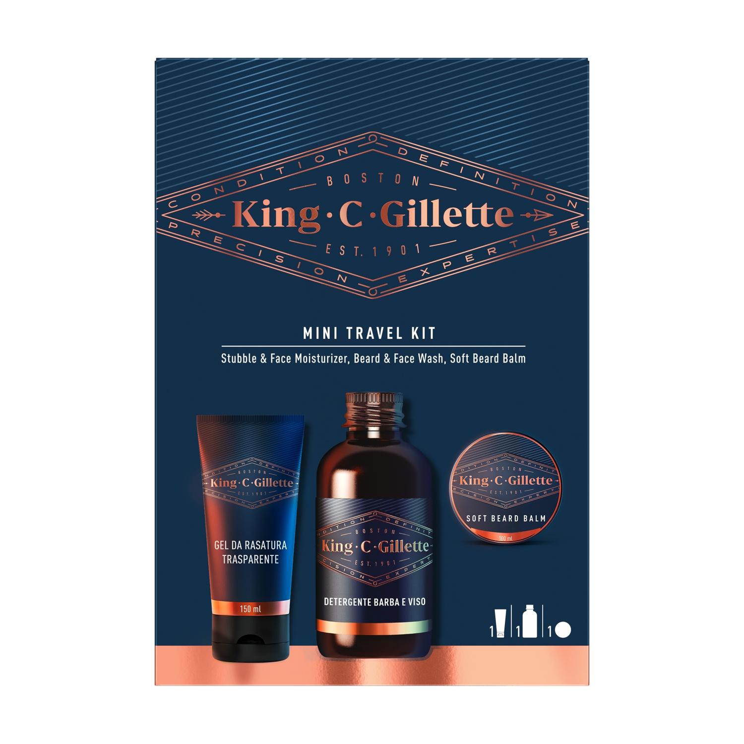 Un mini kit da viaggio per uomo con prodotti per la cura della barba, ben disposti su sfondo blu scuro.