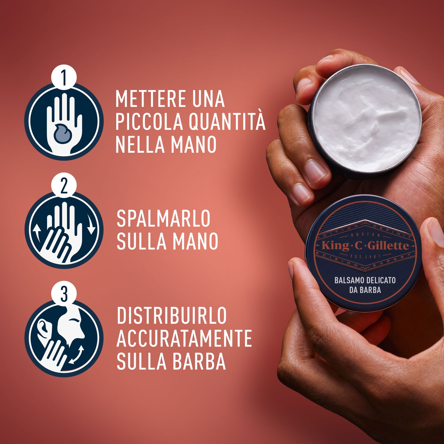 Mani che usano balsamo per barba. Passaggi numerati, con barattolo e prodotto.