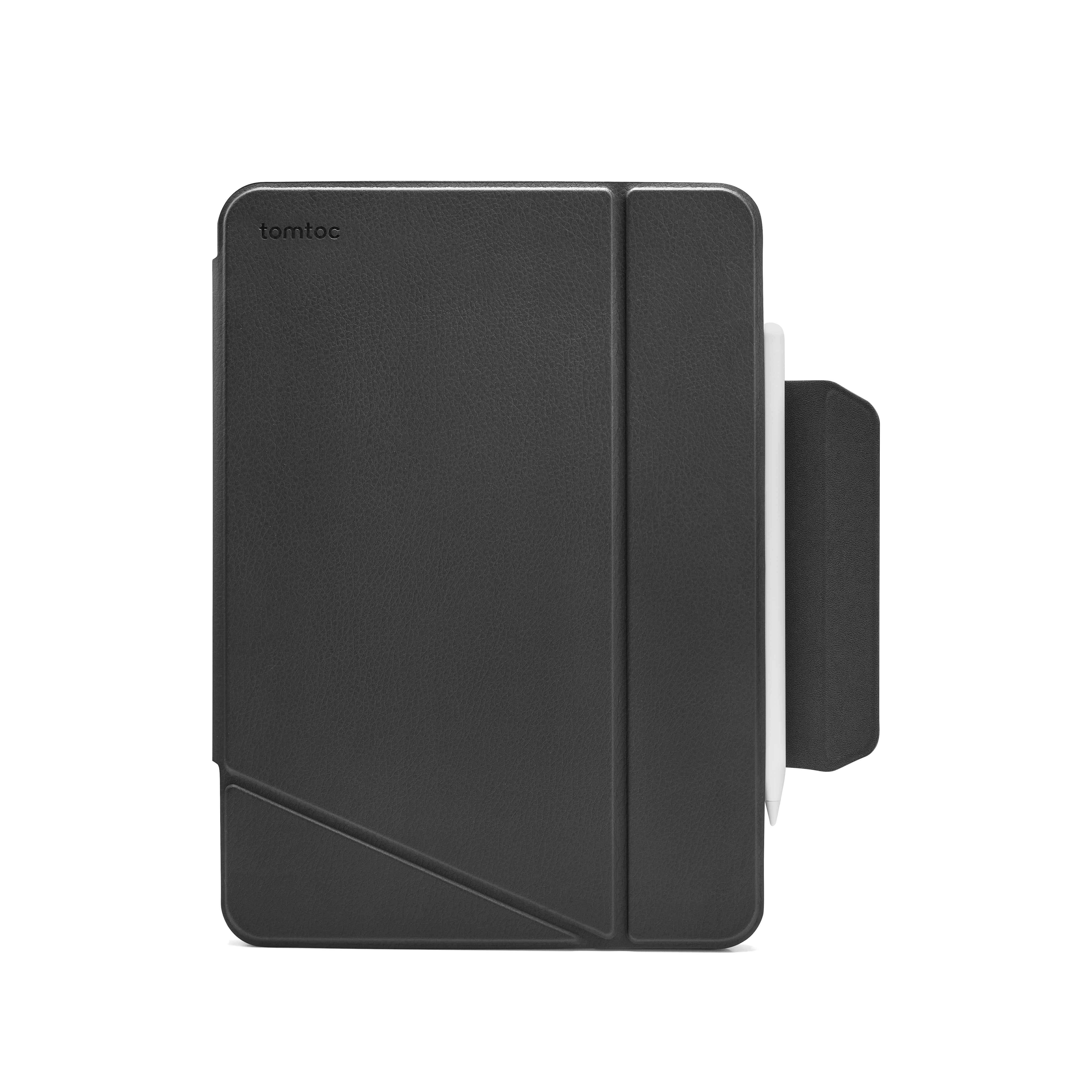 Tomtoc'tan siyah iPad kılıfı, kalem tutuculu. Beyaz bir arka plan üzerinde.