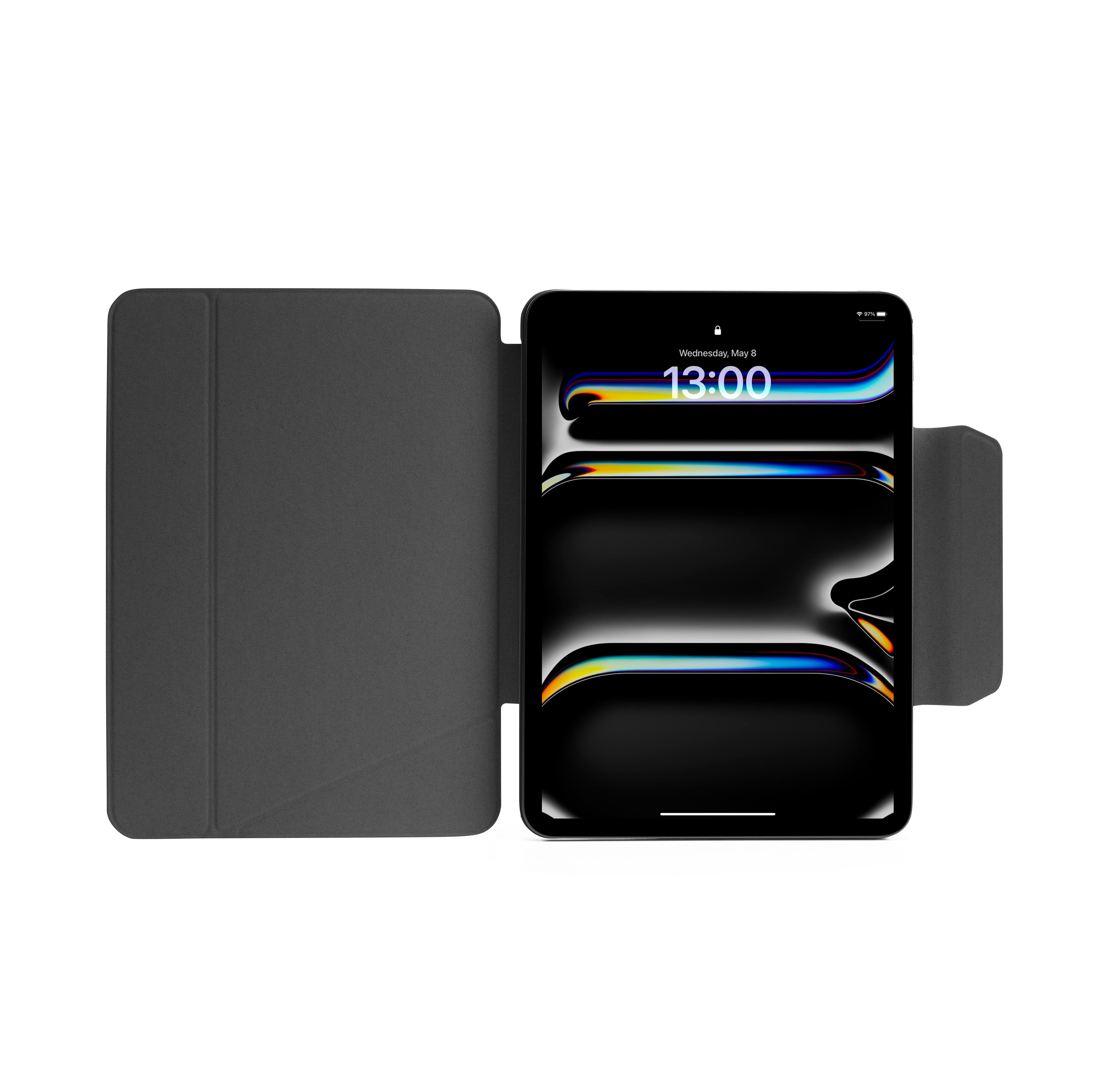 Açık kılıflı siyah tablet, ekranda saat gösteriliyor. Tabletin solunda ve sağında gri kapak.
