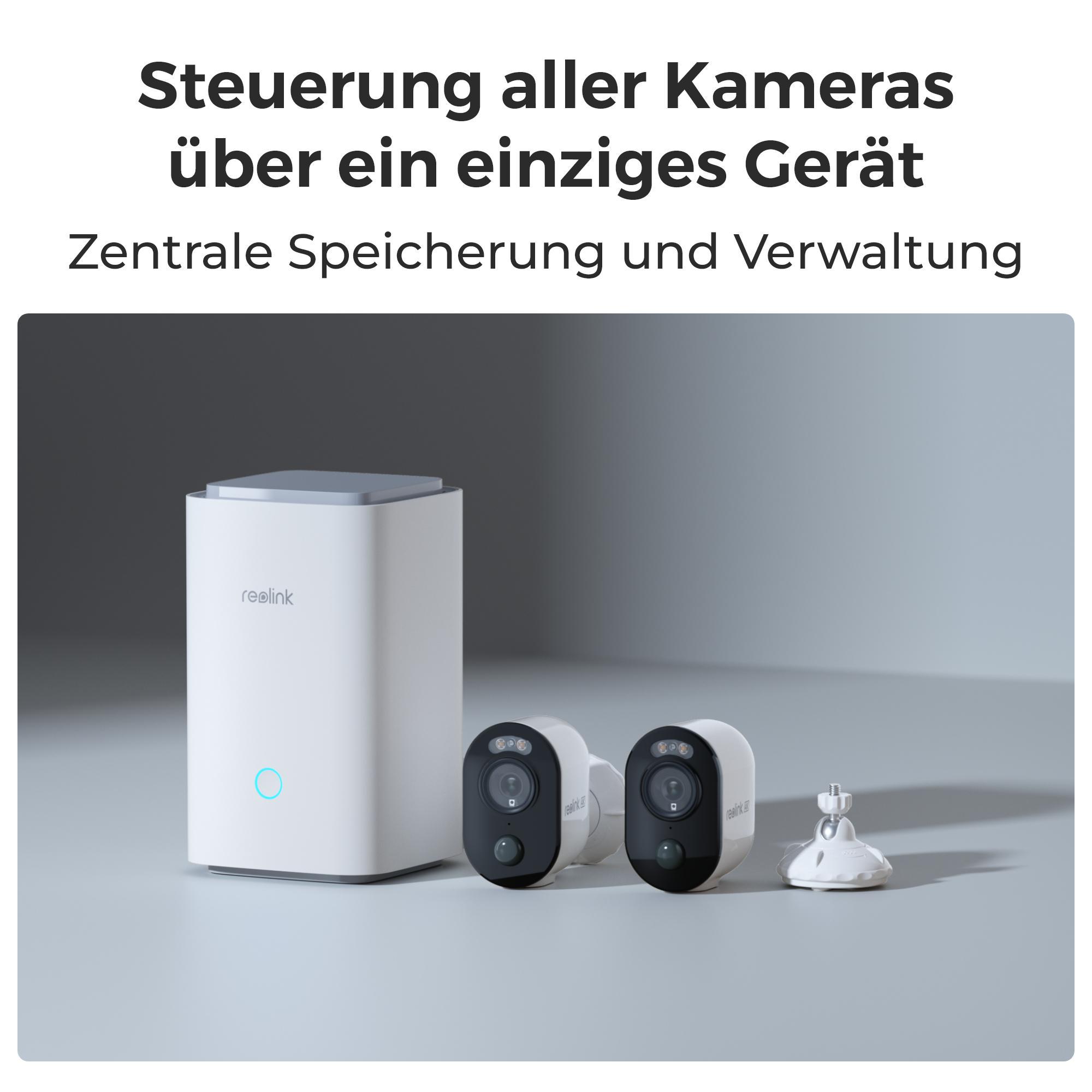 Ein weißes und weißes Gerät mit zwei schwarzen Kameras vor grauem Hintergrund.