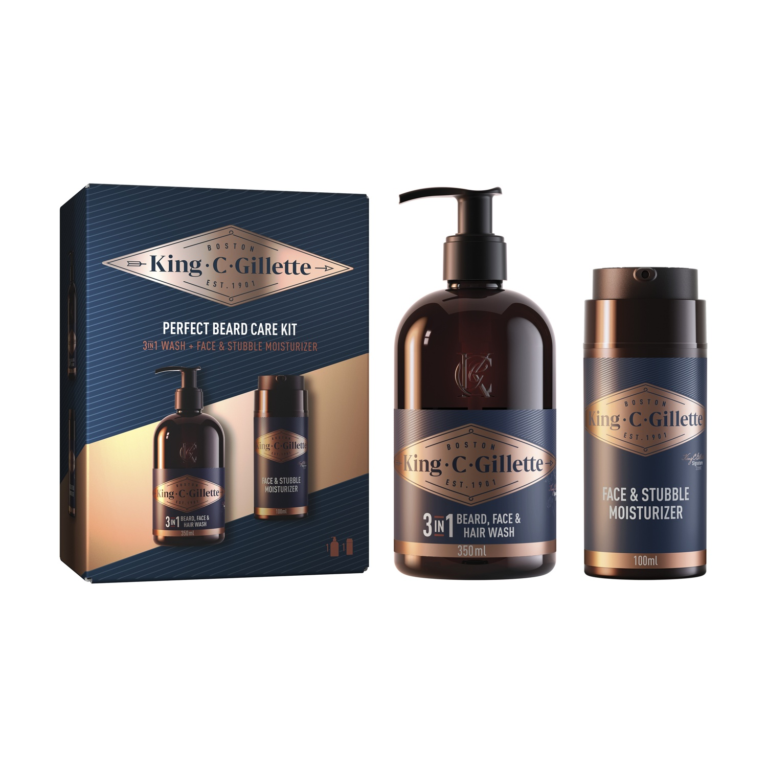 Un kit per la cura della barba con tre flaconi. Una scatola e due flaconi.