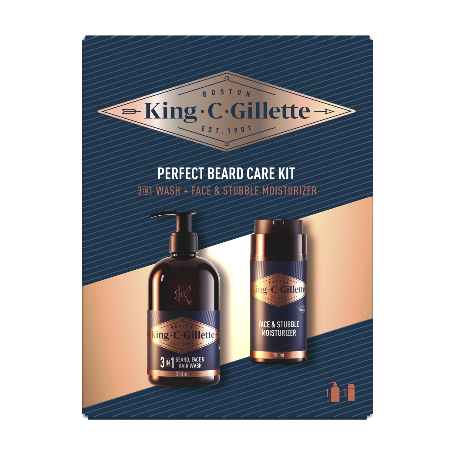 Kit per la cura della barba King C. Gillette. Due bottiglie su sfondo blu navy e oro, con dettagli del prodotto.
