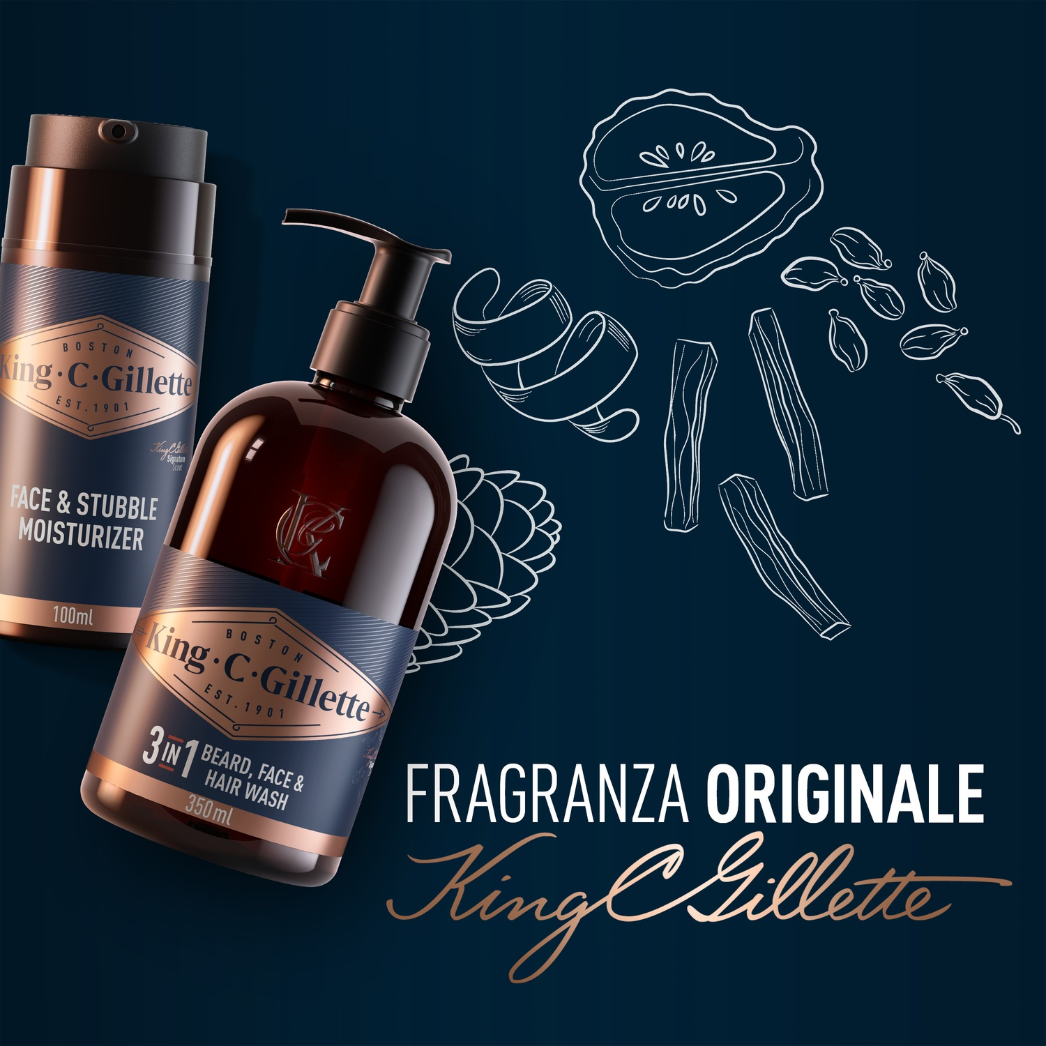 King C. Gillette idratante viso e barba, lavaggio barba, viso e capelli.