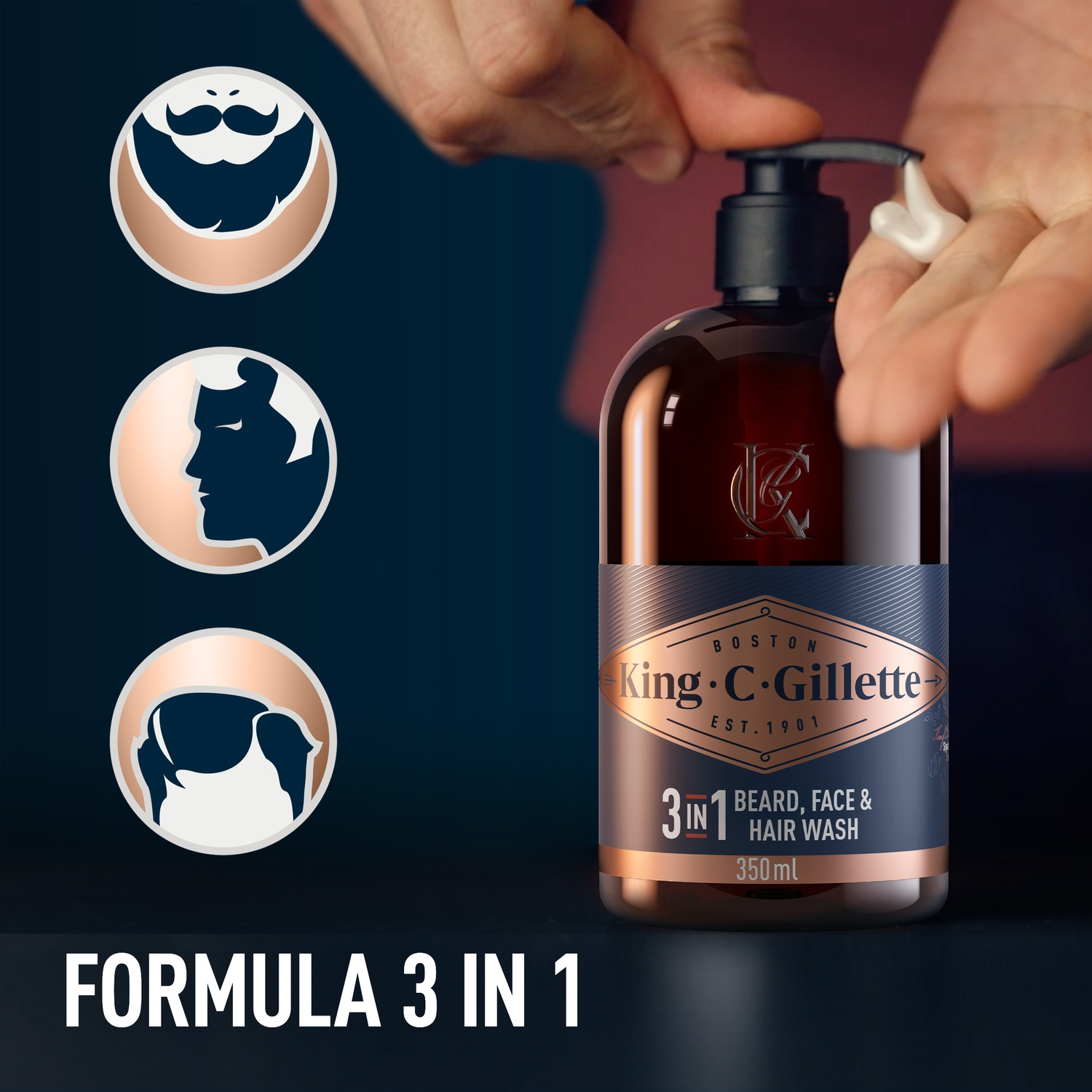 Una bottiglia di King C. Gillette 3 in 1 per barba, viso e capelli. Ci sono illustrazioni.