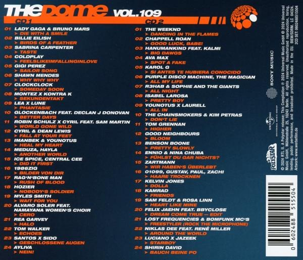 Rückseite eines CD-Covers. Listet Titelnamen und Künstlernamen.