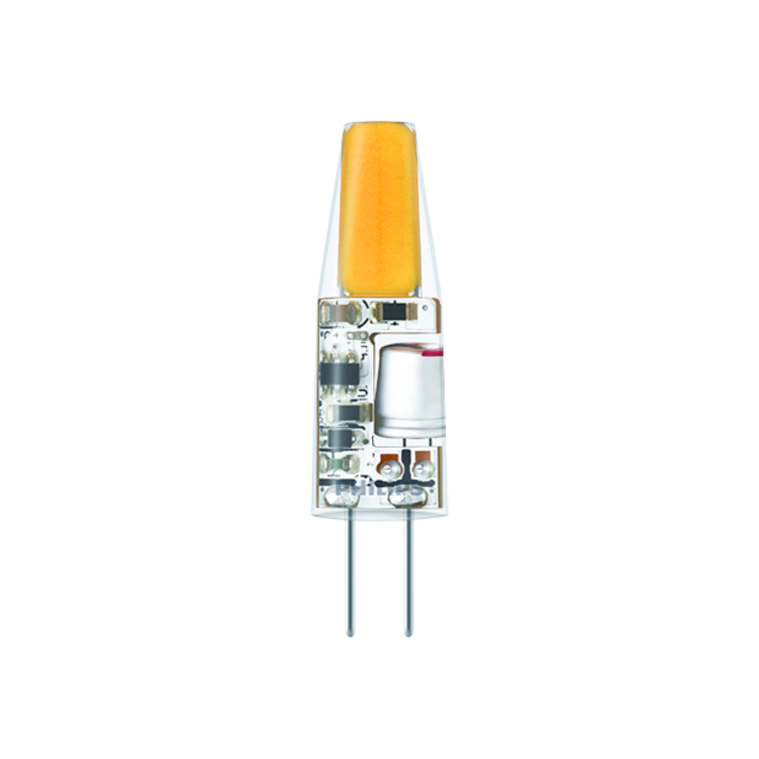 LED-Glühbirne, transparente Kunststoffhülle, mit gelbem Element im Inneren. Zwei Stifte unten.