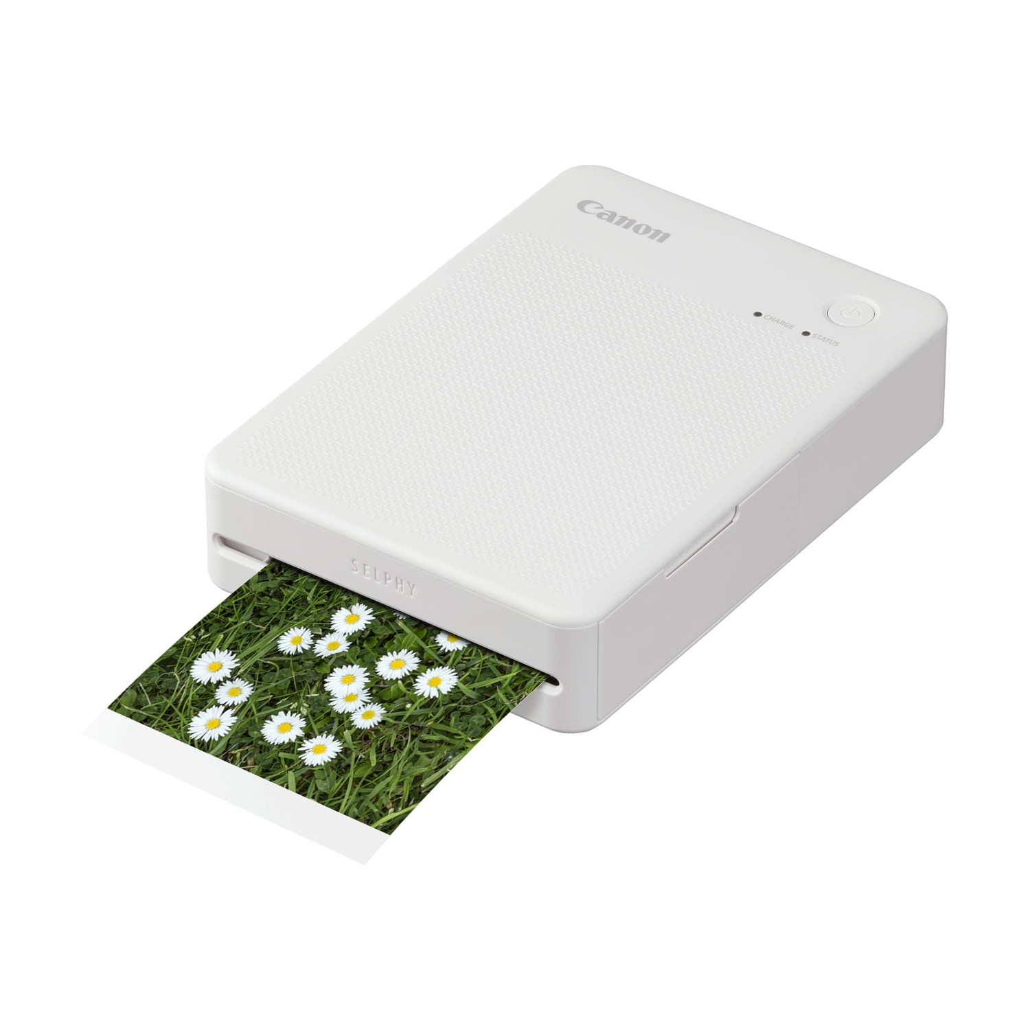 Stampante fotografica portatile bianca che stampa una foto con fiori sull'erba.