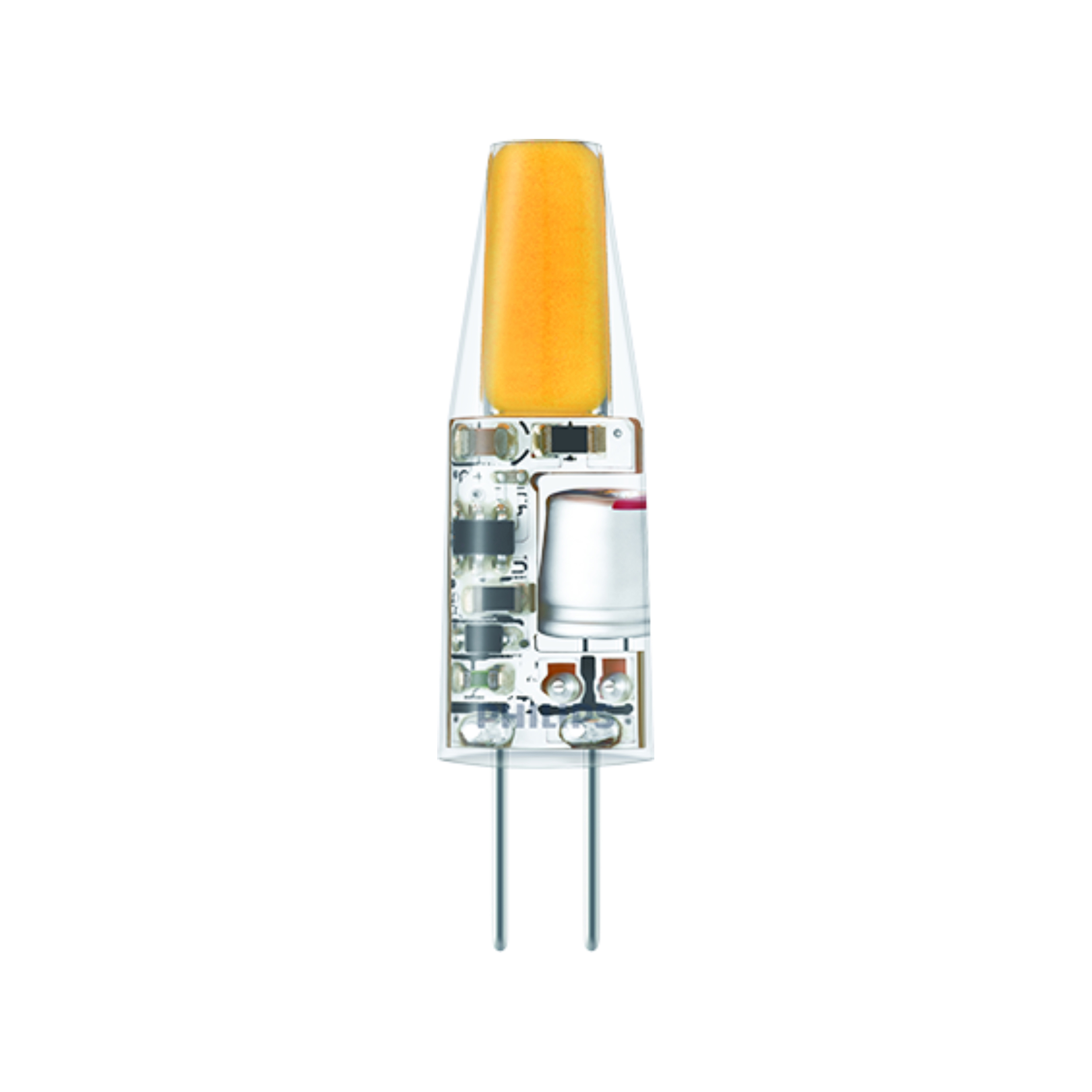 LED-Glühbirne im Schnitt, die Innenteile zeigend, weißer Hintergrund.