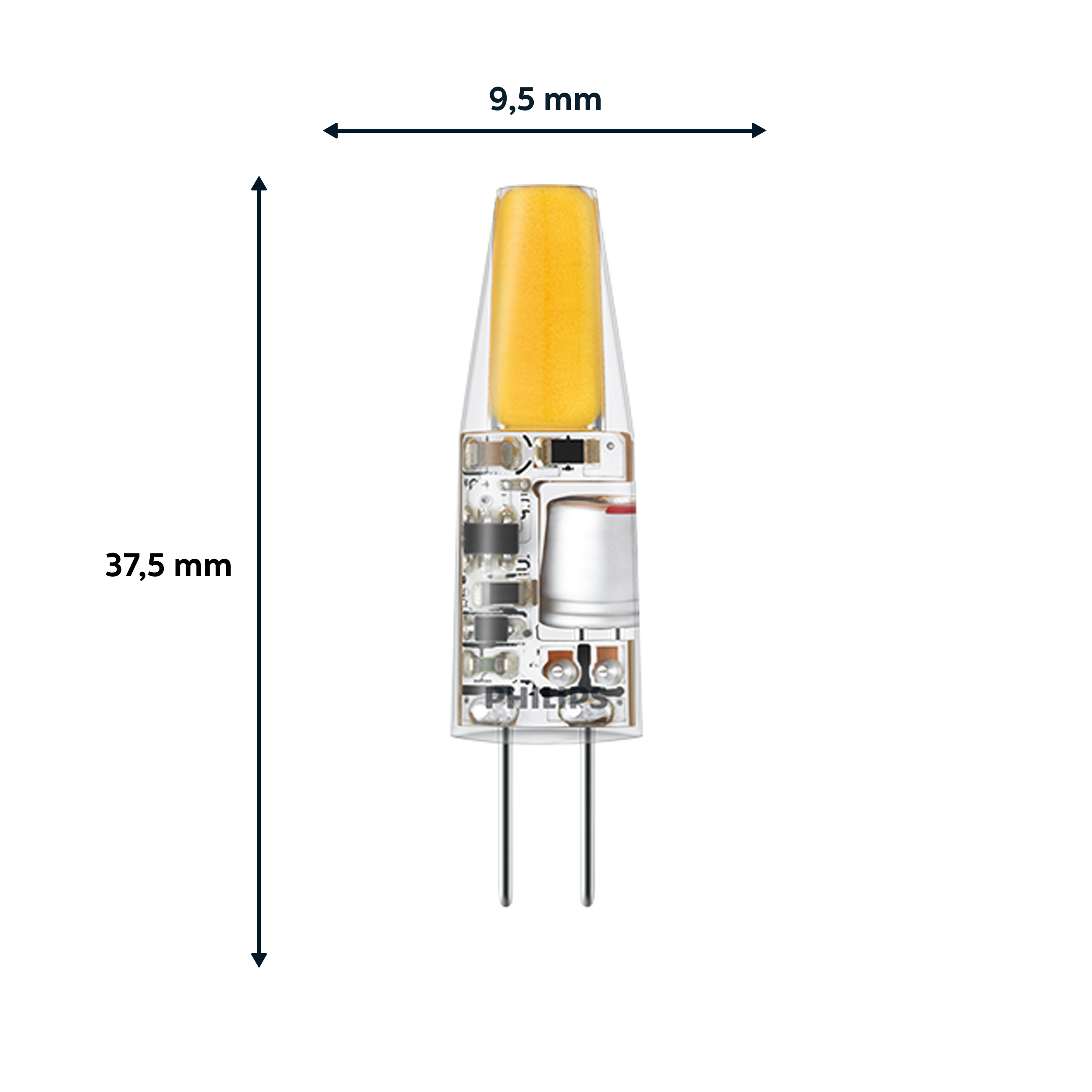 Eine kleine LED-Glühbirne mit beschrifteten Abmessungen.