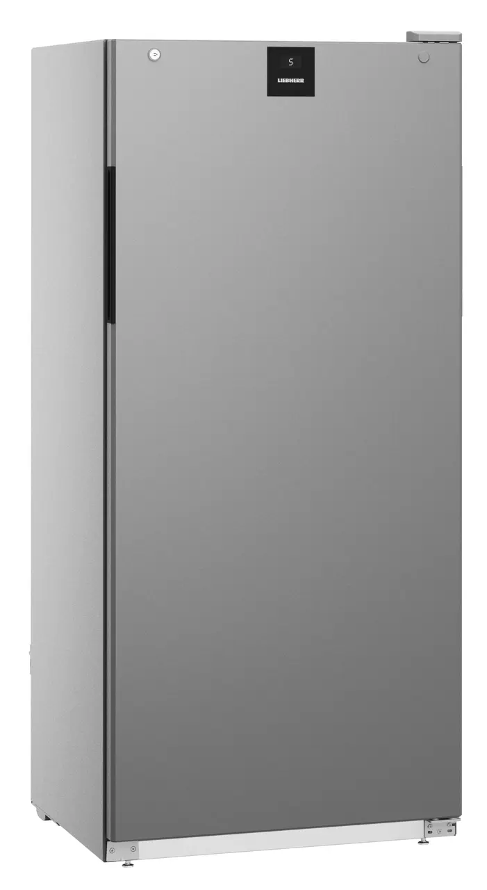 Ein hoher, silberner Liebherr Kühlschrank. Er hat eine digitale Anzeige oben. Die Tür ist geschlossen.