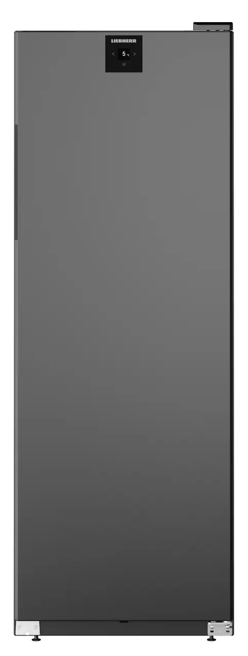 Grauer Kühlschrank. Liebherr-Logo oben. Vertikale Ansicht.